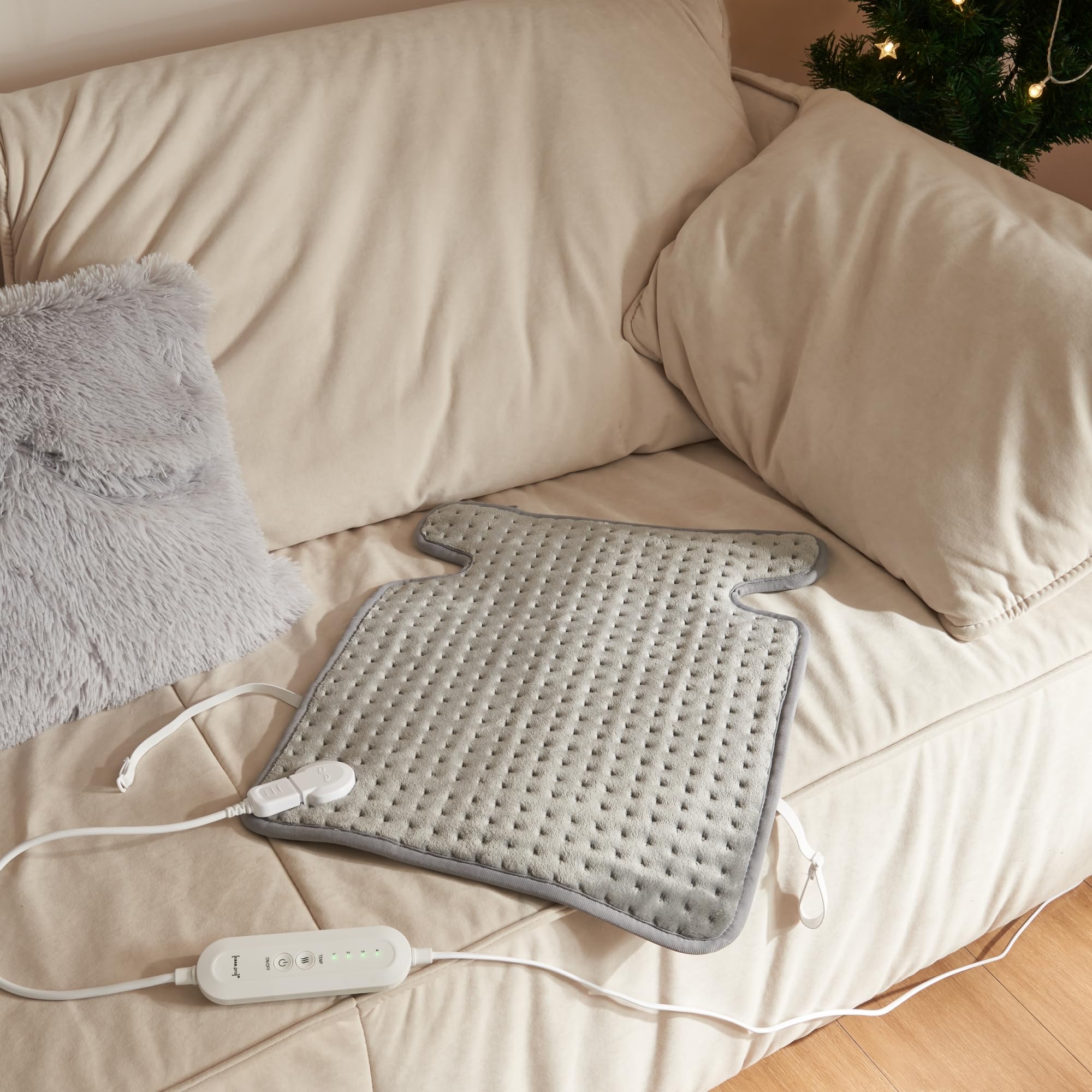 [en.casa] Almohadilla Eléctrica para Espalda con Cinta Almohada Térmica Apagado Automático Lavable 80W 4 Niveles de Calor Temperatura Regulable Vlies 50 x 40cm - Gris