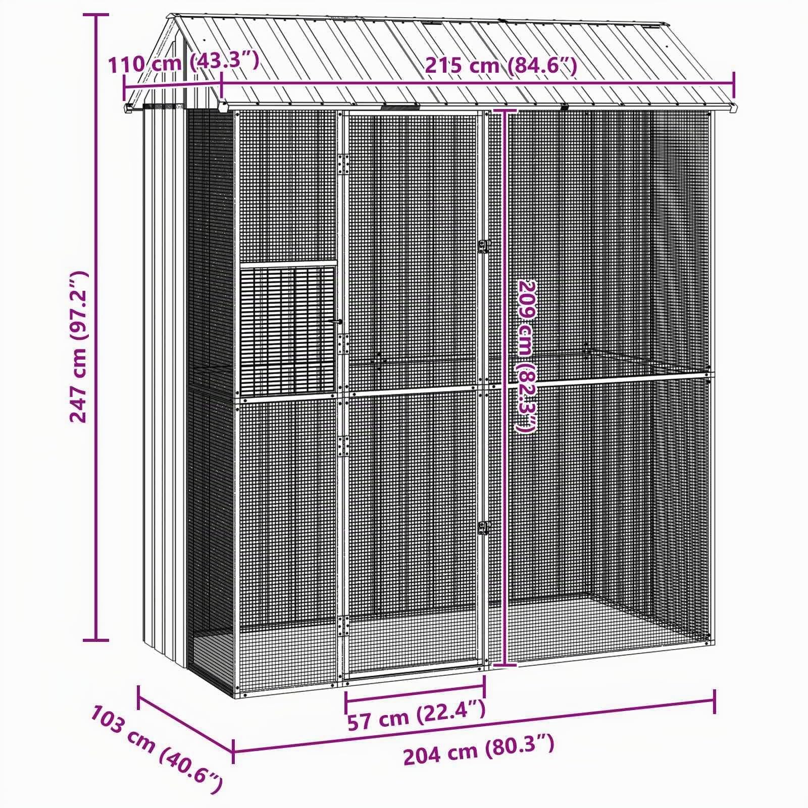 vidaXL Gabbia per Uccelli Antracite 215 x 110 x 247 cm Acciaio zincato, Giardino e terrazza, Moderna casa per Uccelli, Gabbia Resistente, voliera da Esterno, Design per Animali