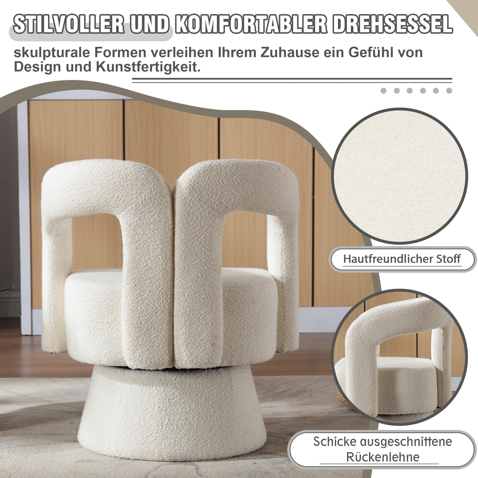 360 Grad Drehbare Kuschelfass-Akzentstühle, runde Sessel mit breiter Polsterung, Flauschiger Stoffsessel für Wohnzimmer, Schlafzimmer, Büro, Warteräume, Beige