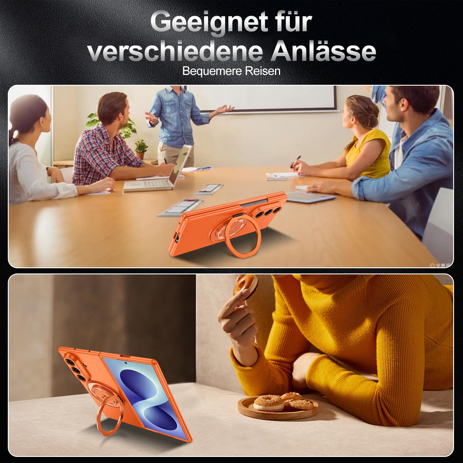 Custodia magnetica per Samsung Galaxy Z Fold 8 Ultra, con supporto ad anello in metallo a 360°, opaca, per esterni, antiurto, arancione