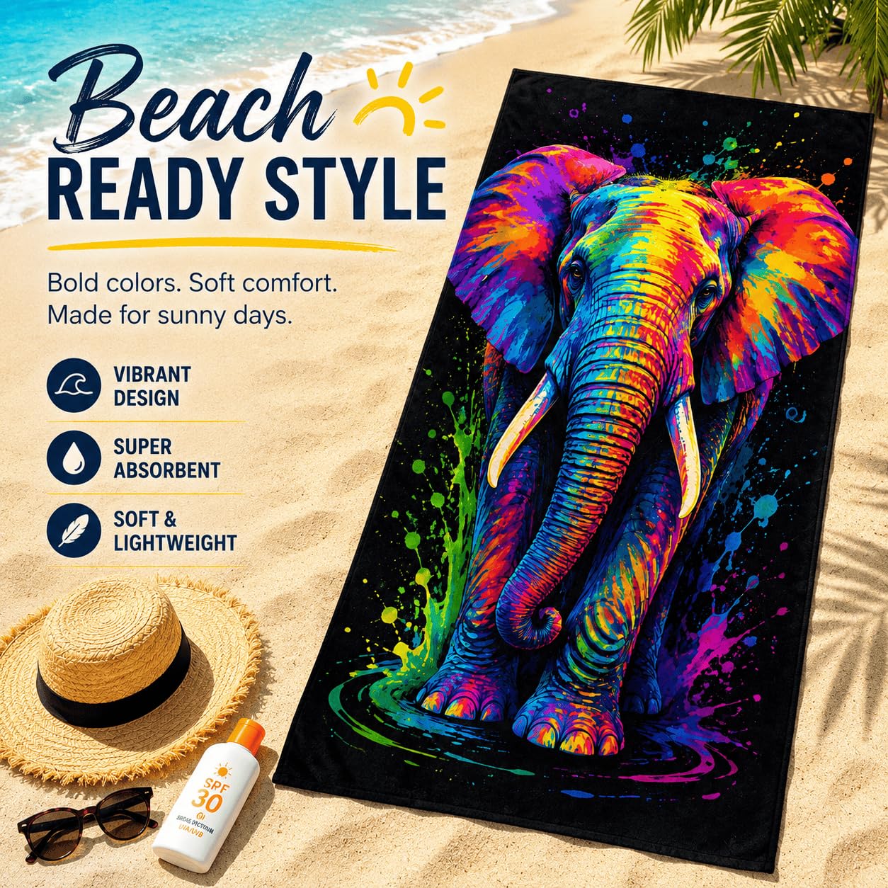 Telo Mare Microfibra Elefante Colorato Asciugatura Rapida | Asciugamano da Spiaggia Elefante Astratto, 145x200 cm, Assorbente, Accessori Mare, per Palestra Viaggio