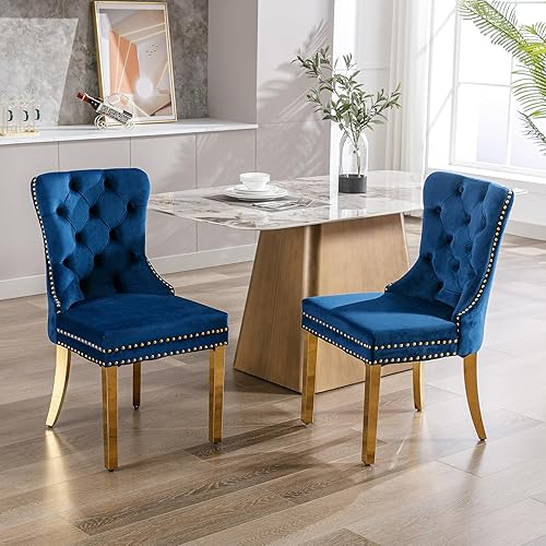KCC Juego de 2 sillas de comedor de terciopelo, sillas de comedor tapizadas de alta gama con anillo trasero de clavo, patas de acero inoxidable,