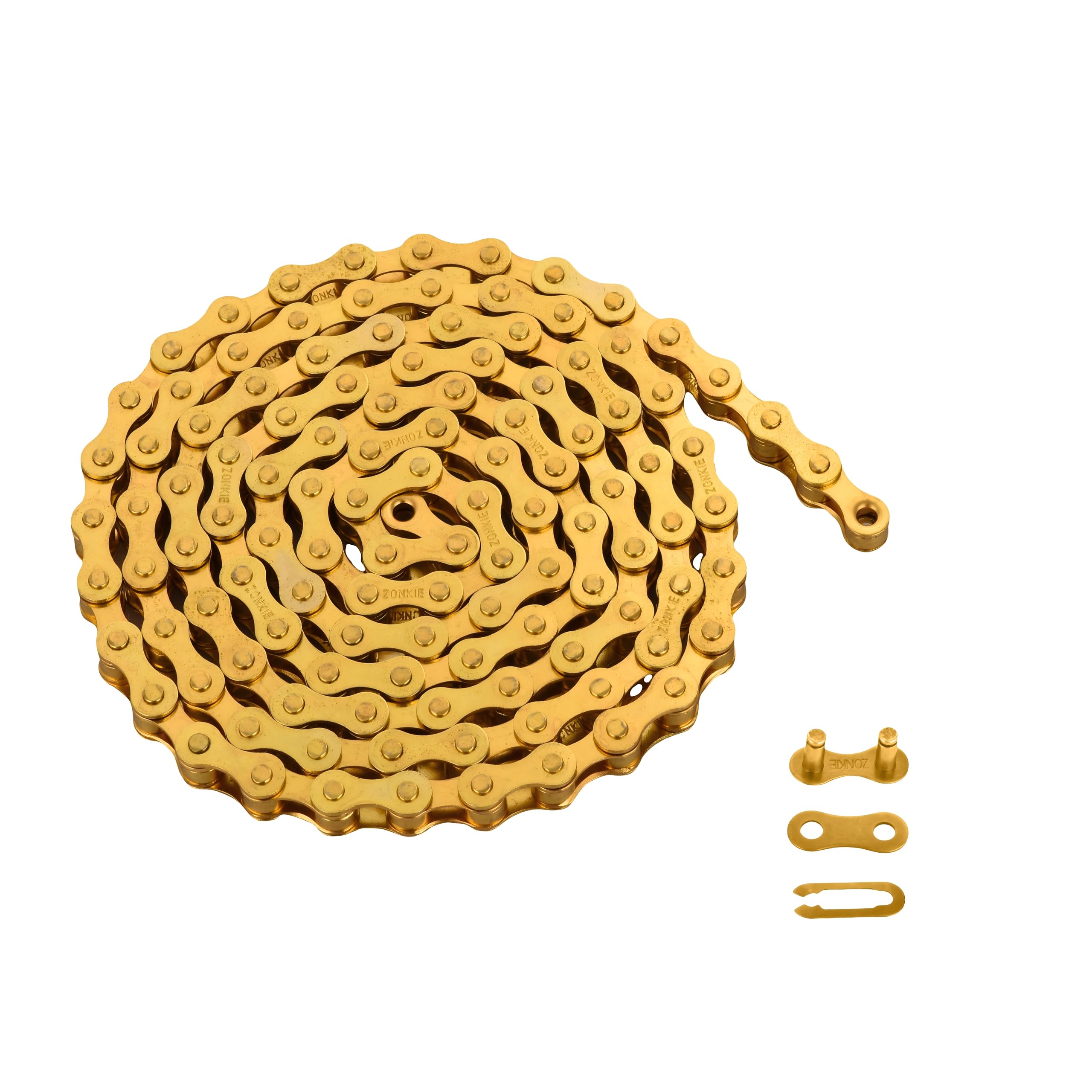 ZONKIE Złoty łańcuch rowerowy, jednobiegowy łańcuch rowerowy z zapięciem łańcuchowym, 1/2 x 1/8 cala, do BMX, rowerów górskich, składanych i dziecięcych (118 l)