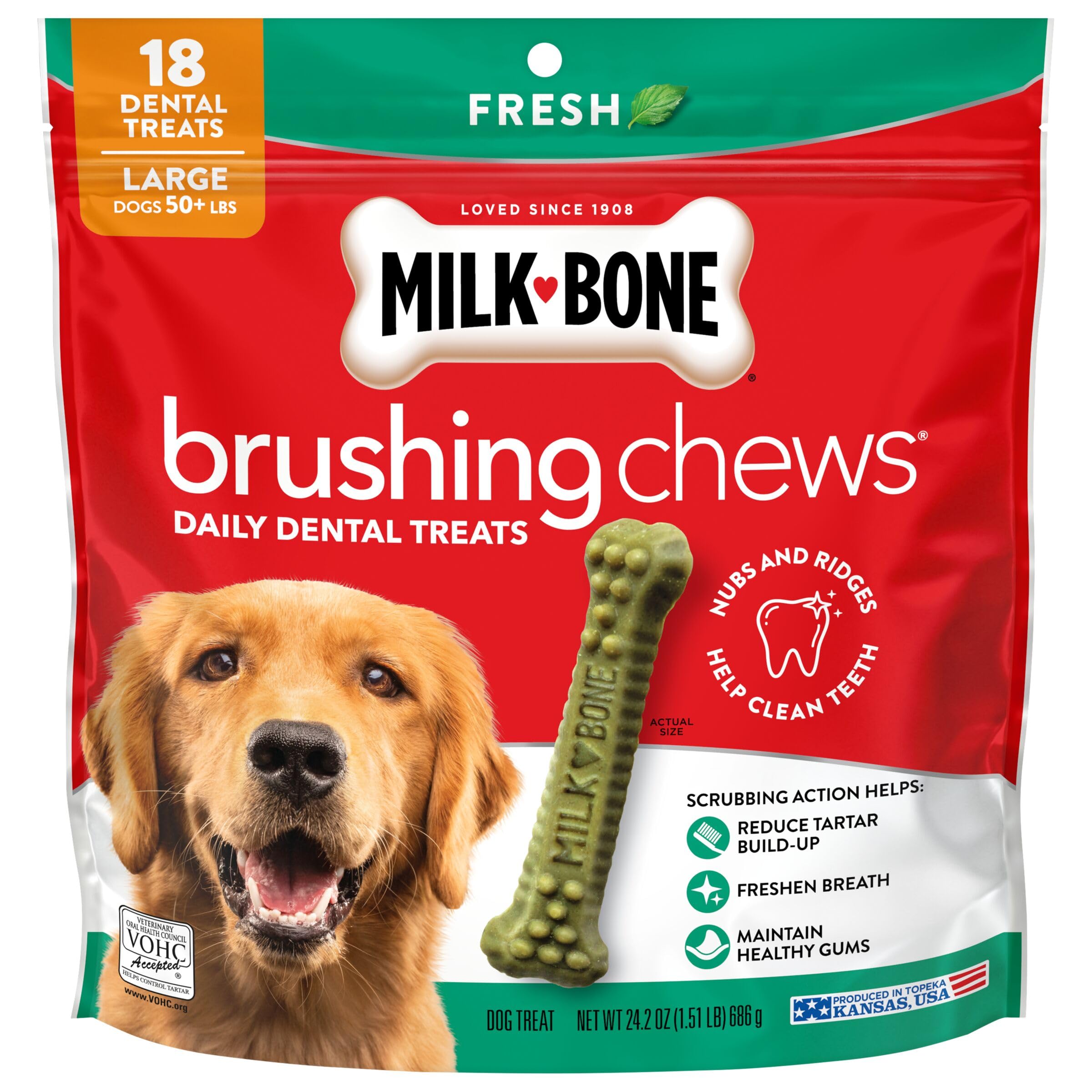 Brushing Chews Daily Dental Dog Treats, Fresh Breath, Large, 720mls, 18 Bones Per Bag