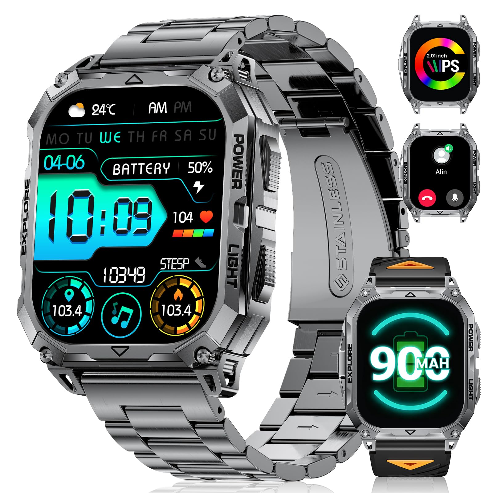 Reloj Inteligente Hombre Militar con LED Linterna/Llamadas, 2.01"HD Smartwatch Hombre con 900mAh Batería/110+ Modos Deportivos IP68 Impermeable, Monitor Sueño/Pulsómetro para Android iOS Negro