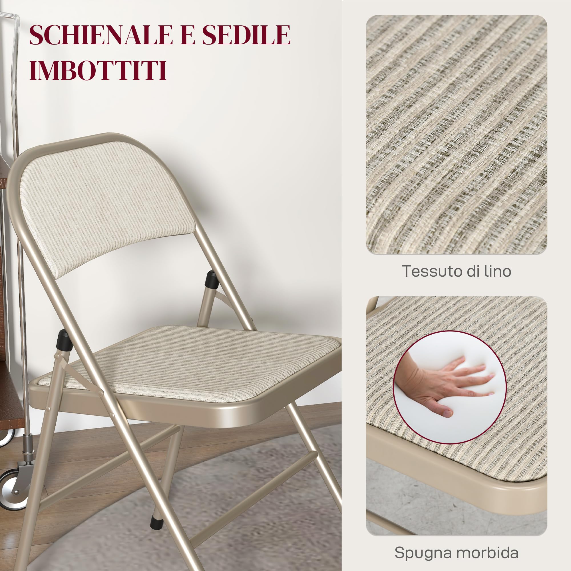 HOMCOM Set di 6 Sedie Pieghevoli Imbottite in Poliestere, Sedie Richiudibili Salvaspazio in Acciaio, Sedia Pieghevole da Interno per Casa, Ufficio, Festa ed Eventi, 45x46x78 cm, Beige