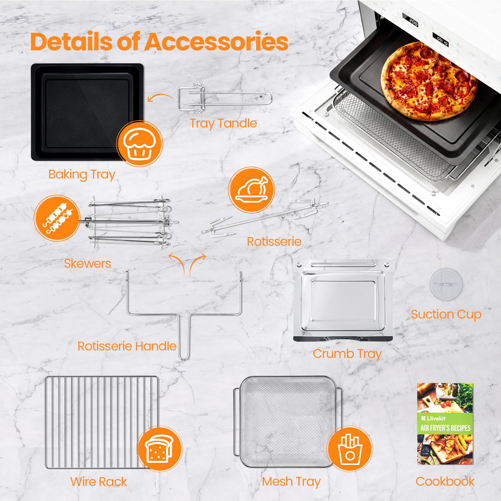 LLIVEKIT XXL Frytkownica powietrzna, piekarnik 30 l z obrotowym rożnem, frytkownica bezolejowa z 20 programami i 9 akcesoriami, wyświetlacz dotykowy LED Air Fryer, konwekcja z przepisami, 1800W, 80°C