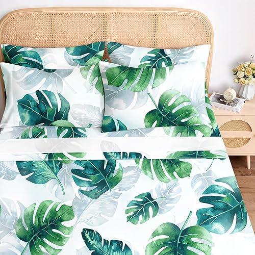 BYSURE Juego de sábanas Queen de 6 piezas (verde Monstera Deliciosa), sábanas con patrón botánico de núcleo de cabaña, decoración de ropa de cama de disponible en Yaxa Peru