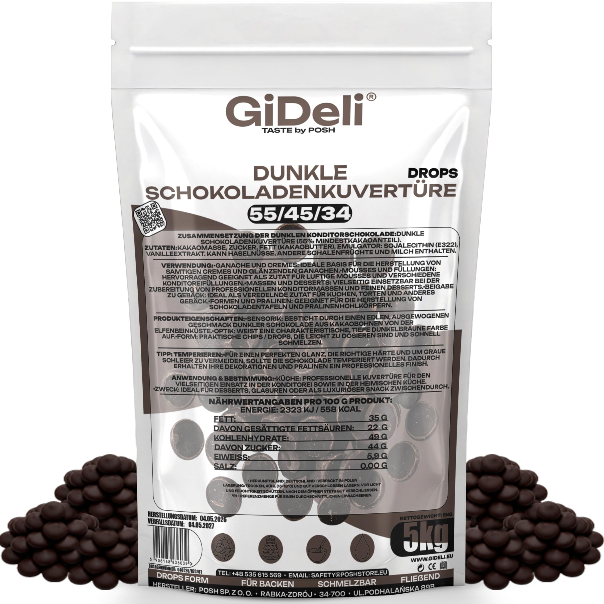 GiDeli Dunkle Schokoladenkuvertüre 55% Drops 5kg - Professionelle Zartbitterschokolade zum Temperieren - Kakao von der Elfenbeinküste - Einfache Dosierung - Ideal für Pralinen & Ganache