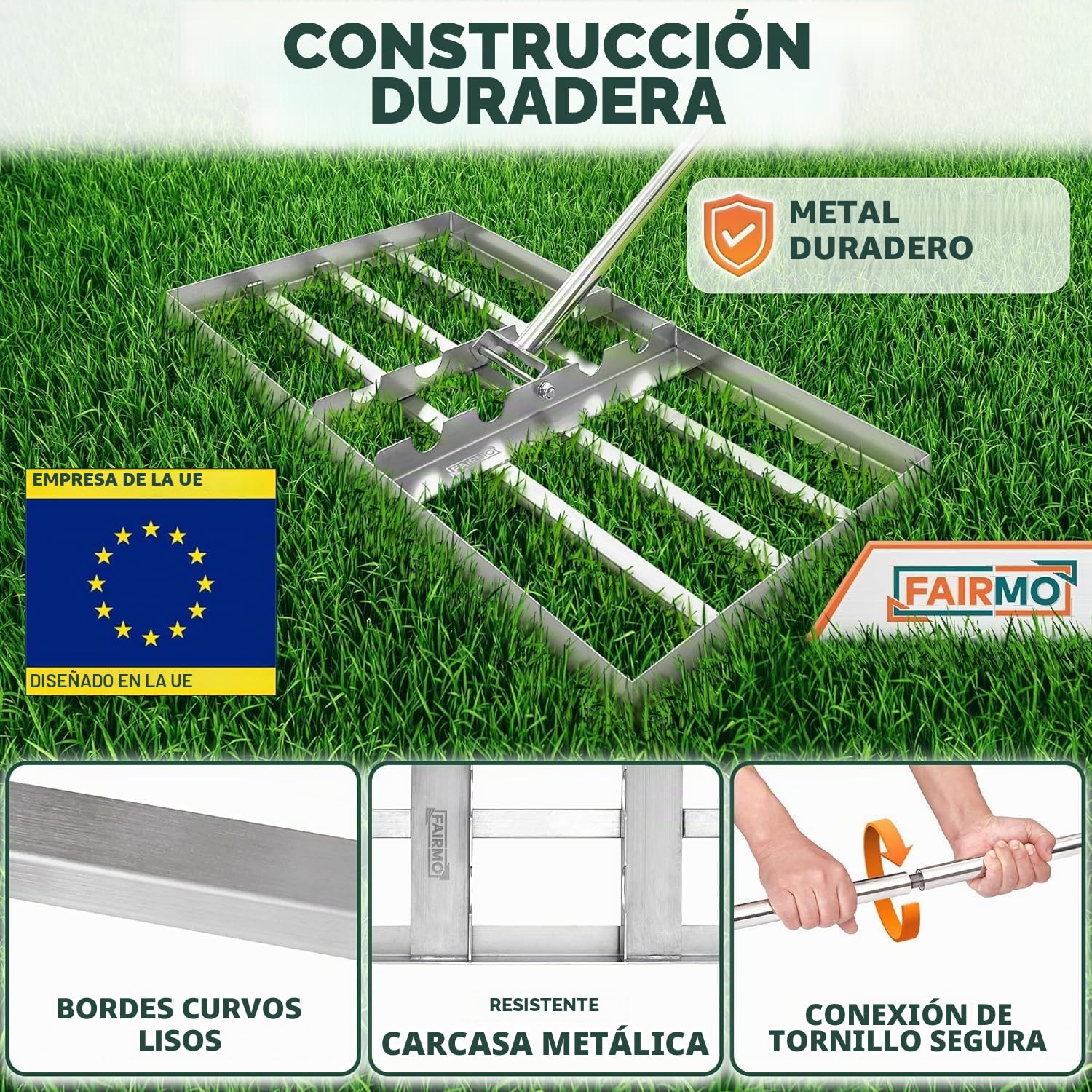 La práctica rasqueta para césped de Acero Inoxidable (75 x 35 cm) de Fairmo [para césped Verde Intenso] – Rasqueta para césped con Mango de 2 Metros – Cuidado del césped con rastrillo de nivelación –