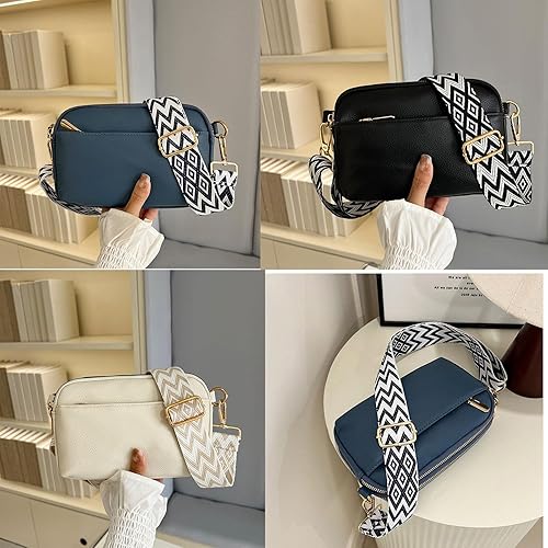 Miniatura 5 de Bolsos cruzados para mujer, bolsos de hombro de cuero vegano, bolsos para mujer con correa ancha ajustable, Azul, Pequeña, Ocio