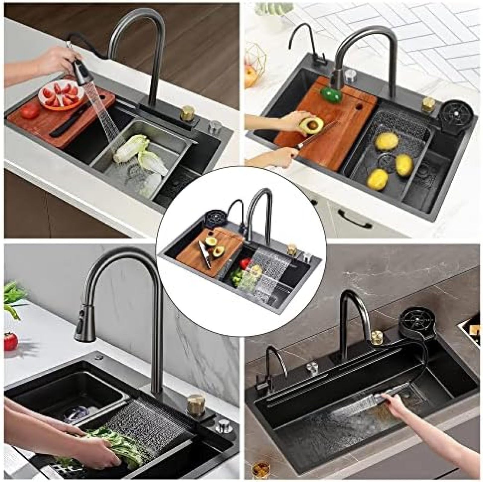 Wasserfall-Küchenspüle, Schwarze Küchenspüle, Nano-Wasserfall-Spüle Aus Edelstahl, Gewerbliche Spüle, Einzelbecken Mit Tassenspüler, Arbeitsspüle Auf Dem Bauernhof, Einbau- Oder Unterbau-Installat