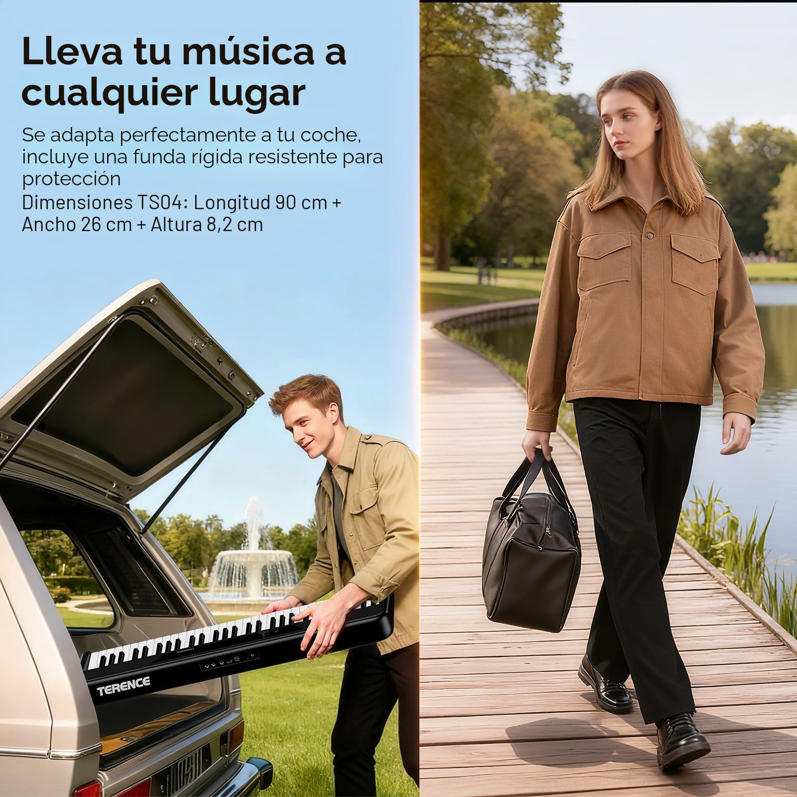TERENCE - Piano electrónico de 61 teclas con soporte, 2 altavoces de 5 W, respuesta táctil, ideal para principiantes y adultos, portátil, MIDI, 128 sonidos