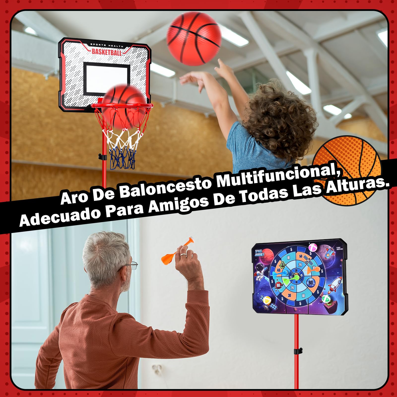 Herenear Canasta de Baloncesto para Niños, Altura Ajustable 107-193 cm, 2 en 1 Baloncesto y Dardos, Interior y Exterior, Portátil con Base Ponderada, para Niños de 3 a 8 Años