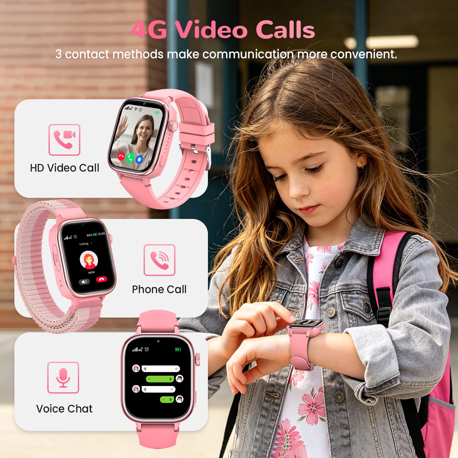 4G Smartwatch Bambini con GPS, Orologio Smartwatch Bambini con Chiamate, Videochiamate, Chat Vocale, SOS, Modalità Scuola, Sveglia IP68 Calcolatrice Contapassi Smart Watch per Ragazzi e Ragazze, Rosa