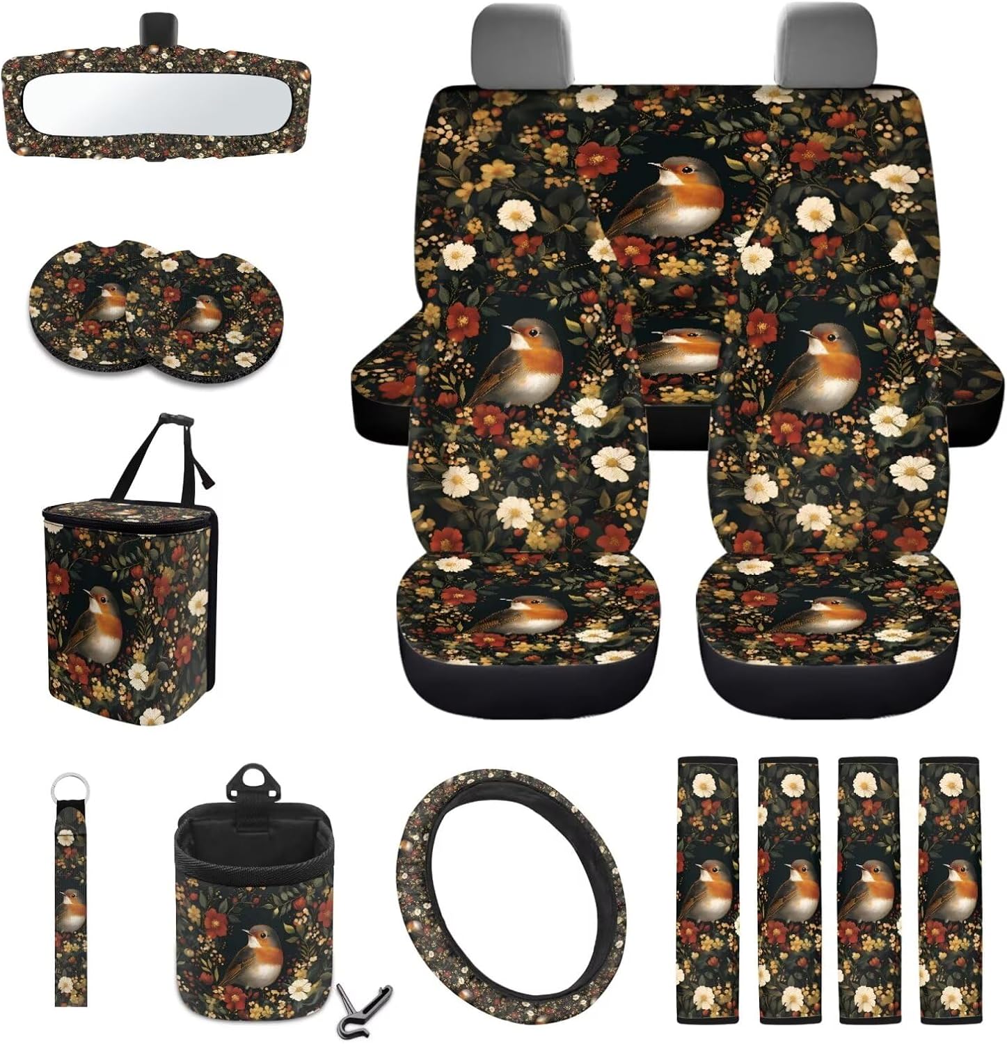 Robin Bird Flower Pattern 15 Pcs Car Accessories Sets Steering Wheel Cover Vehicle Trash Can Air Vent Pouch Seat Belt Pad Coaster Rearview Mirror Cover Keychain