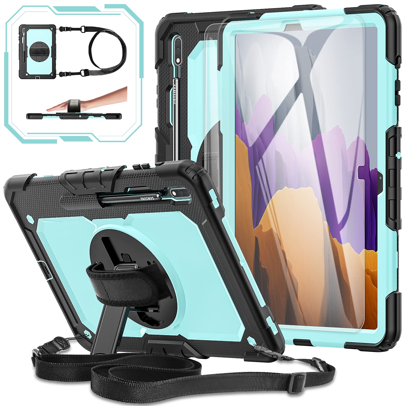BASE MALL Samsung Galaxy Tab S7 Plus/S7+ 12.4 2020, [Shockproof] Full Body Protective Tablet with 9H Tempered Glass Screen Protector,360° Rotating Kickstand/Hand Strap/S Pen Holder (Skyblue)