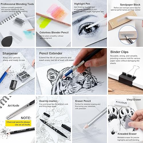 Miniatura 4 de Kit de dibujo de 109, suministros de arte profesional con fluorescente, de colores, acuarela, metálico, grafito, lápices de carbón, 5 cuadernos de