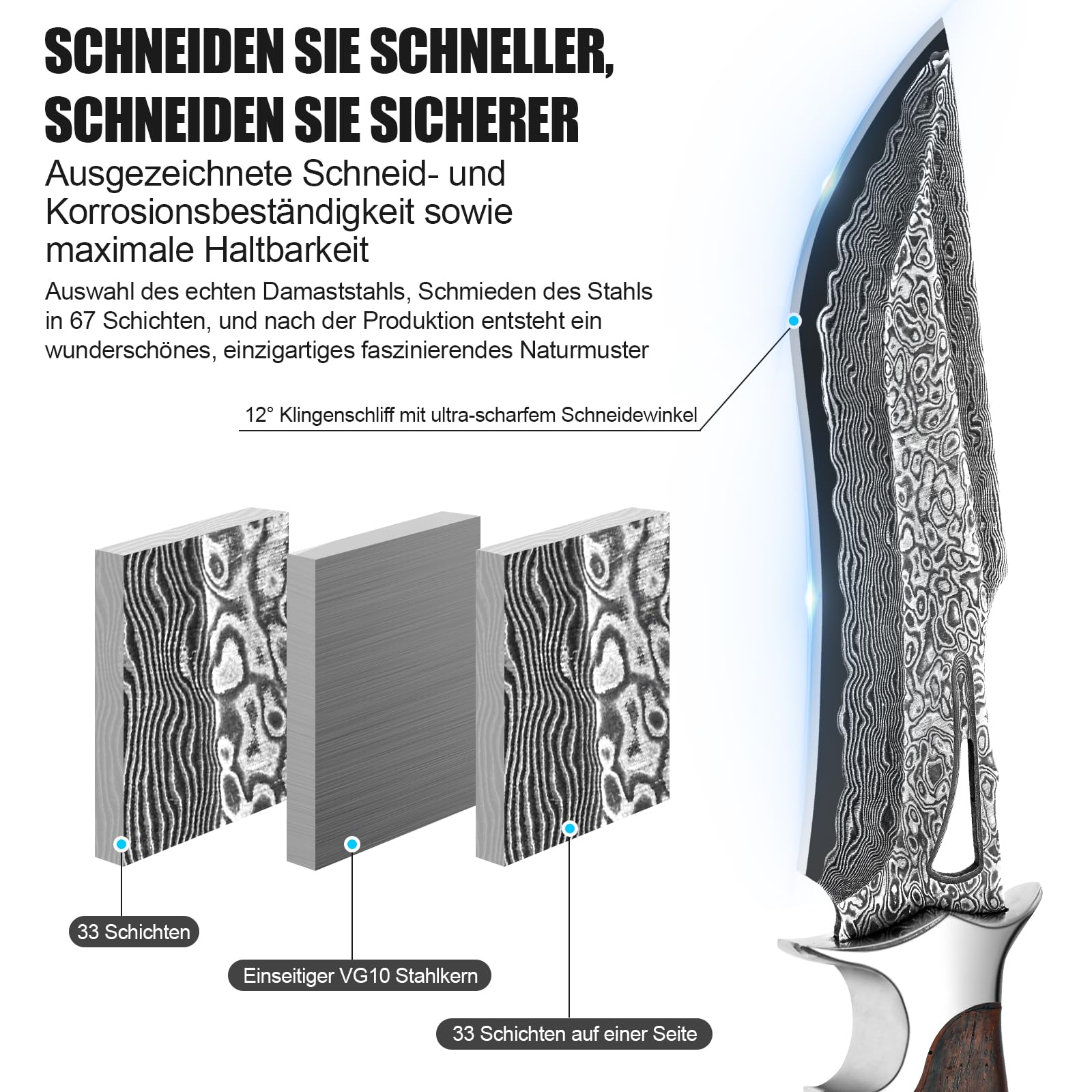 Damast Jagdmesser 26,4 cm, VG10 Feststehendes Bowie Survivalmesser | 67-lagiger Handgefertigter Damaszenerstahl mit Holzgriff und Echtlederscheide für Outdoor Bushcraft