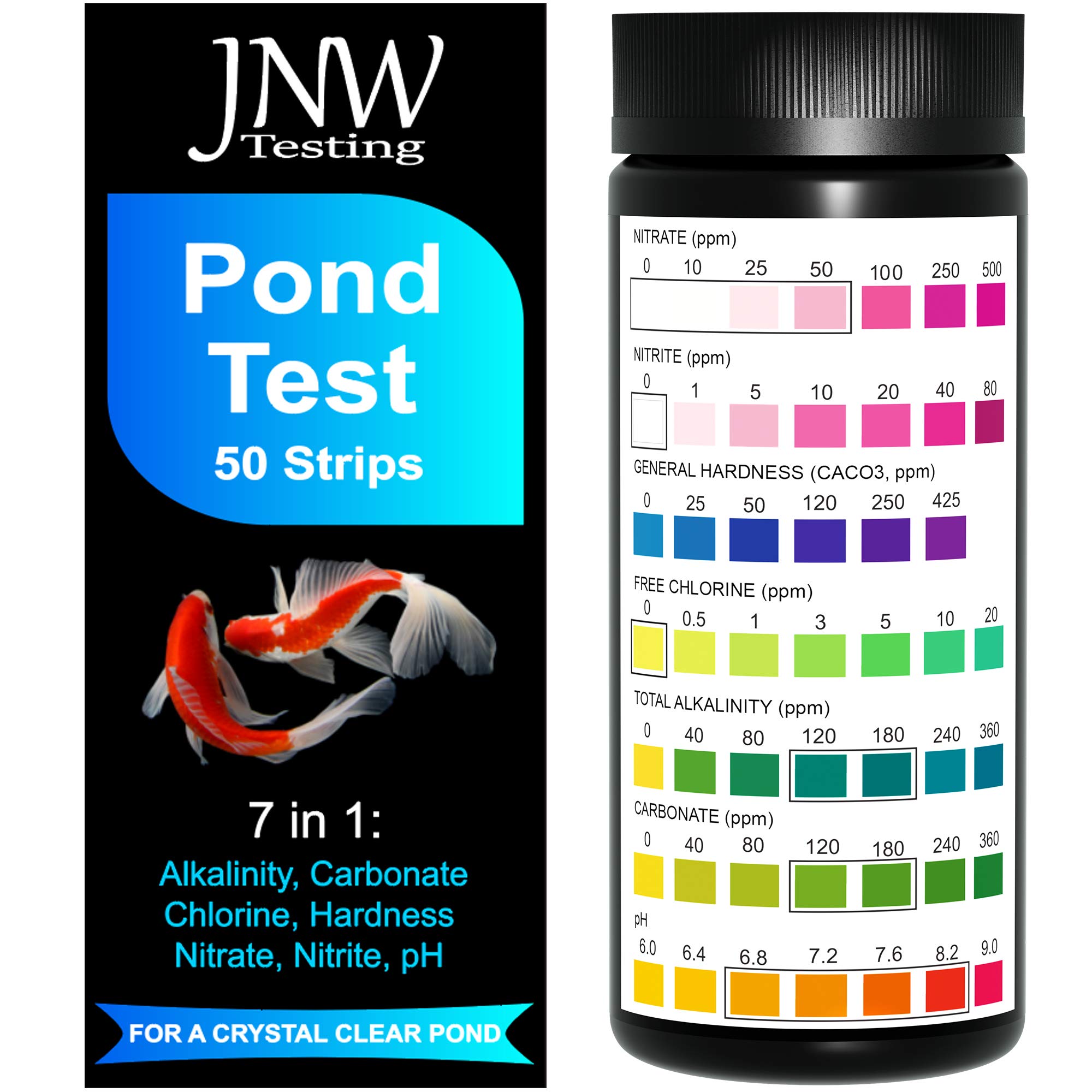 Pond Test Strips - 7-1 Pond Water Testing Kit with Ebook - Pond pH Test Kit with 50 Quick and Accurate Fish Tank Test Strips - 50 Test Strips by JNW Direct