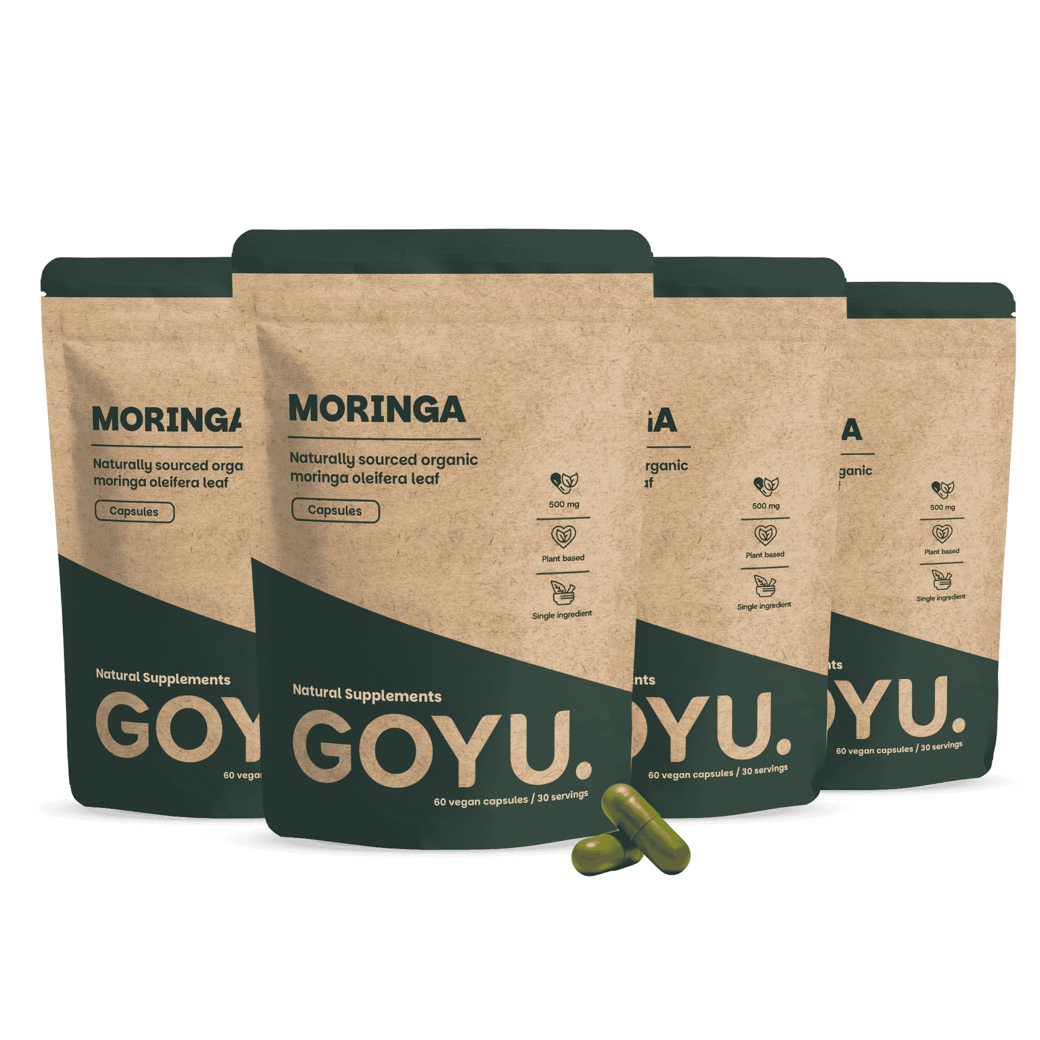 GOYU Bio Moringa Kapseln (Moringa oleifera) 500 mg Kombideal 4x 60 Capsules - Oleifera – Widerstand - Moringa-Kapseln - Moringa-Öl - Moringa-Pulver - Vegan - Ohne Zusätze - Laborgeprüft - 30 Tage