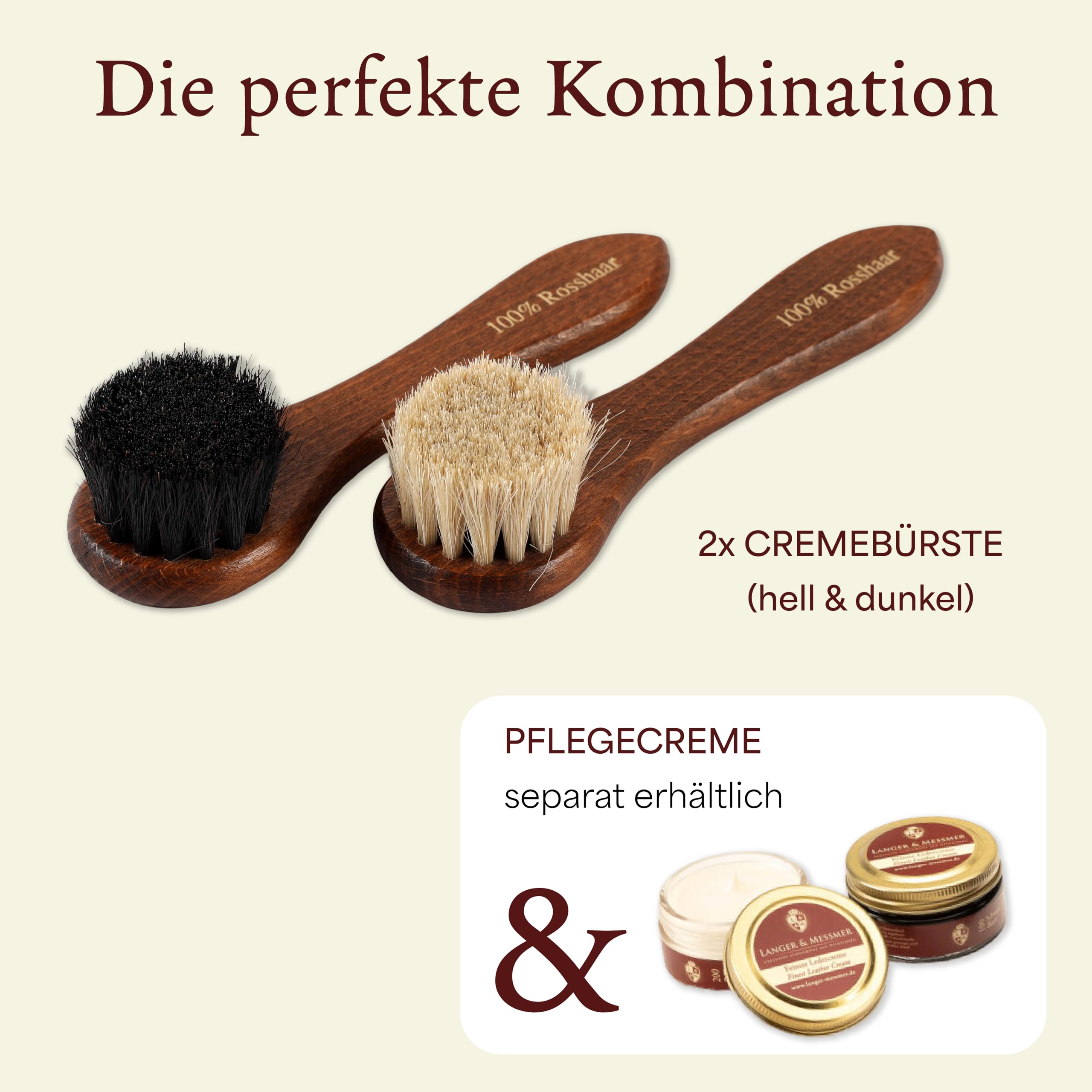 Langer & Messmer Cremebürste aus feinem Rosshaar zum Auftragen von Schuhcreme und Schuhwachs - Die Auftragsbürste für die professionelle Schuhpflege - Einzeln oder im 2er Set