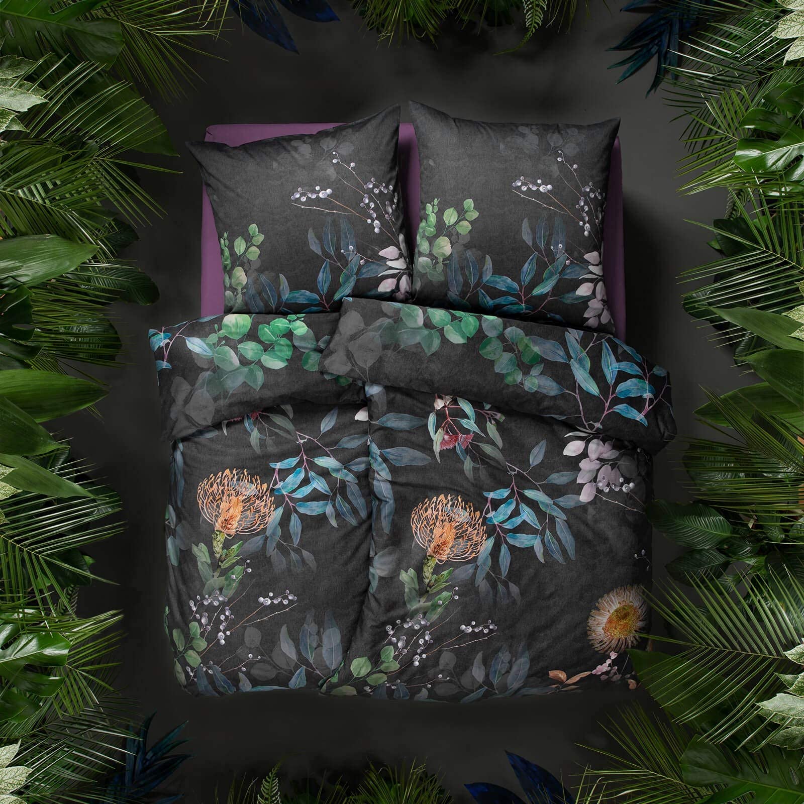 ESTELLA Bettwäsche Midnight Bunt Blau Blumen Blüten Geblümt Zweige Aquarell Mako Satin, Größe:155 cm x 220 cm