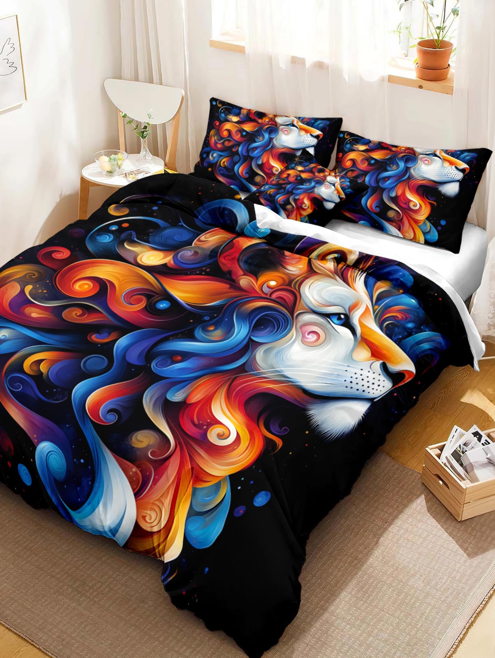 Housse de couette Lion colorée style dessin animé | Parure de lit enfant douce et gaie