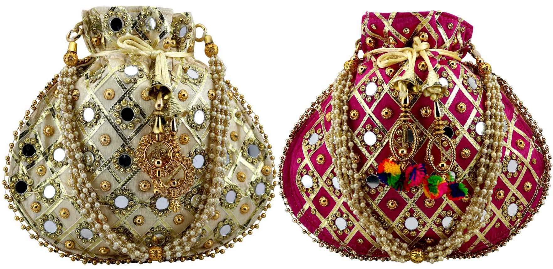 Lookingfab Presents Women's Rajasthani Style Silk Potli Velvet with Purse with Gota Patti Potli Purse Handicrafts Handmade Decorative Silk Jaipuri Resham Potlis | (Golden, Pink)-image-1