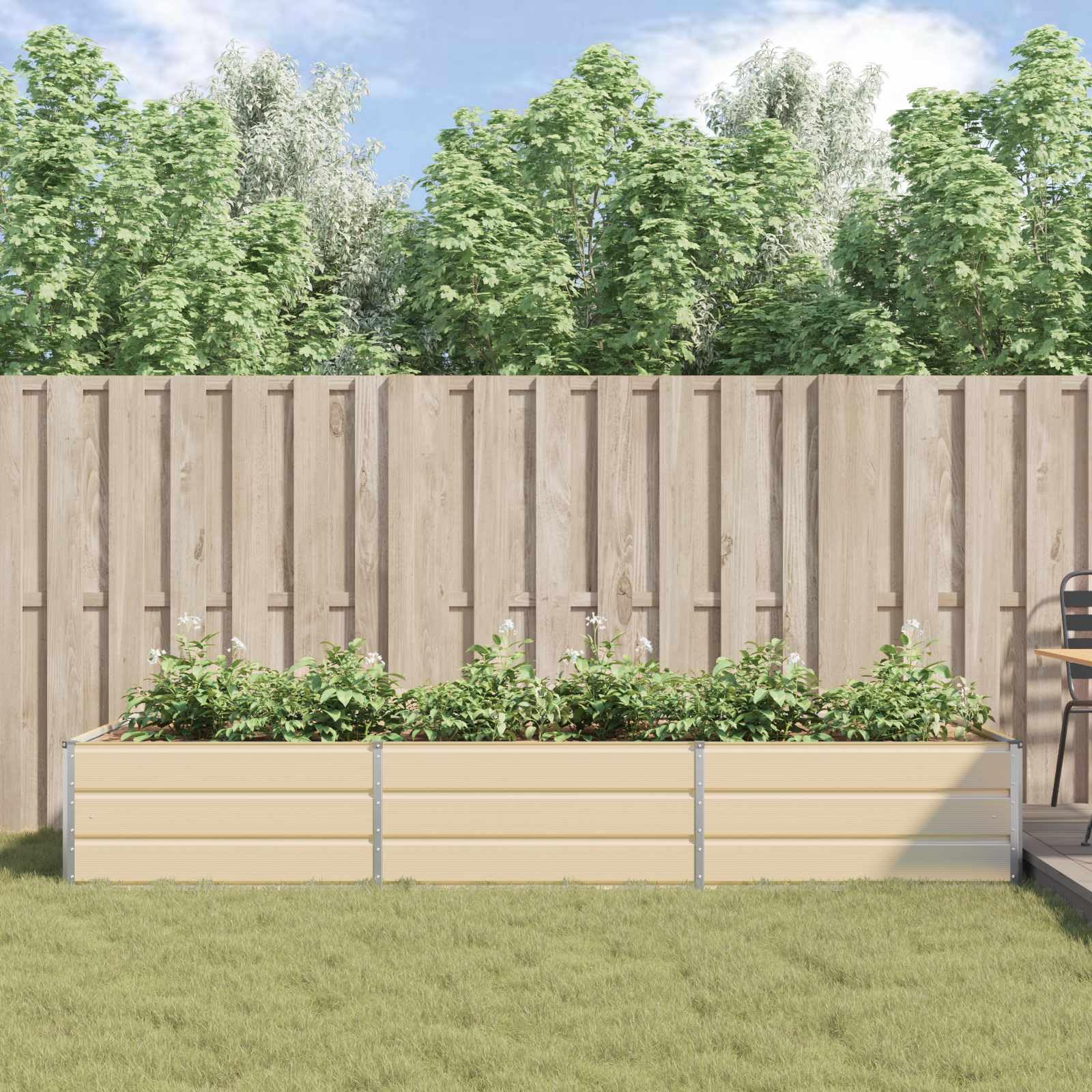 Macetero marfil 290 x 100 x 45 cm, bancal alto de acero galvanizado para jardín y terraza, gran jardinera impermeable para flores y hierbas, diseño moderno