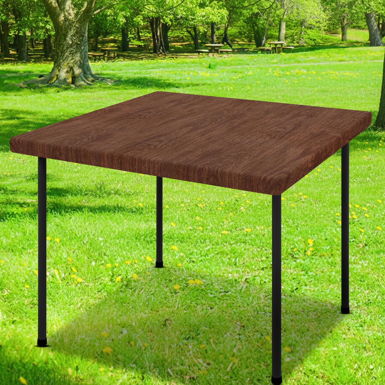 Photo 1 of Smiry Square Table Cloth Cover, Waterproof Elastic Fitted Picnic Tablecloth, Wipeable Flannel Backed Vinyl Tablecloths for Camping, Dining, Outdoor (Brown, 34" x 34")