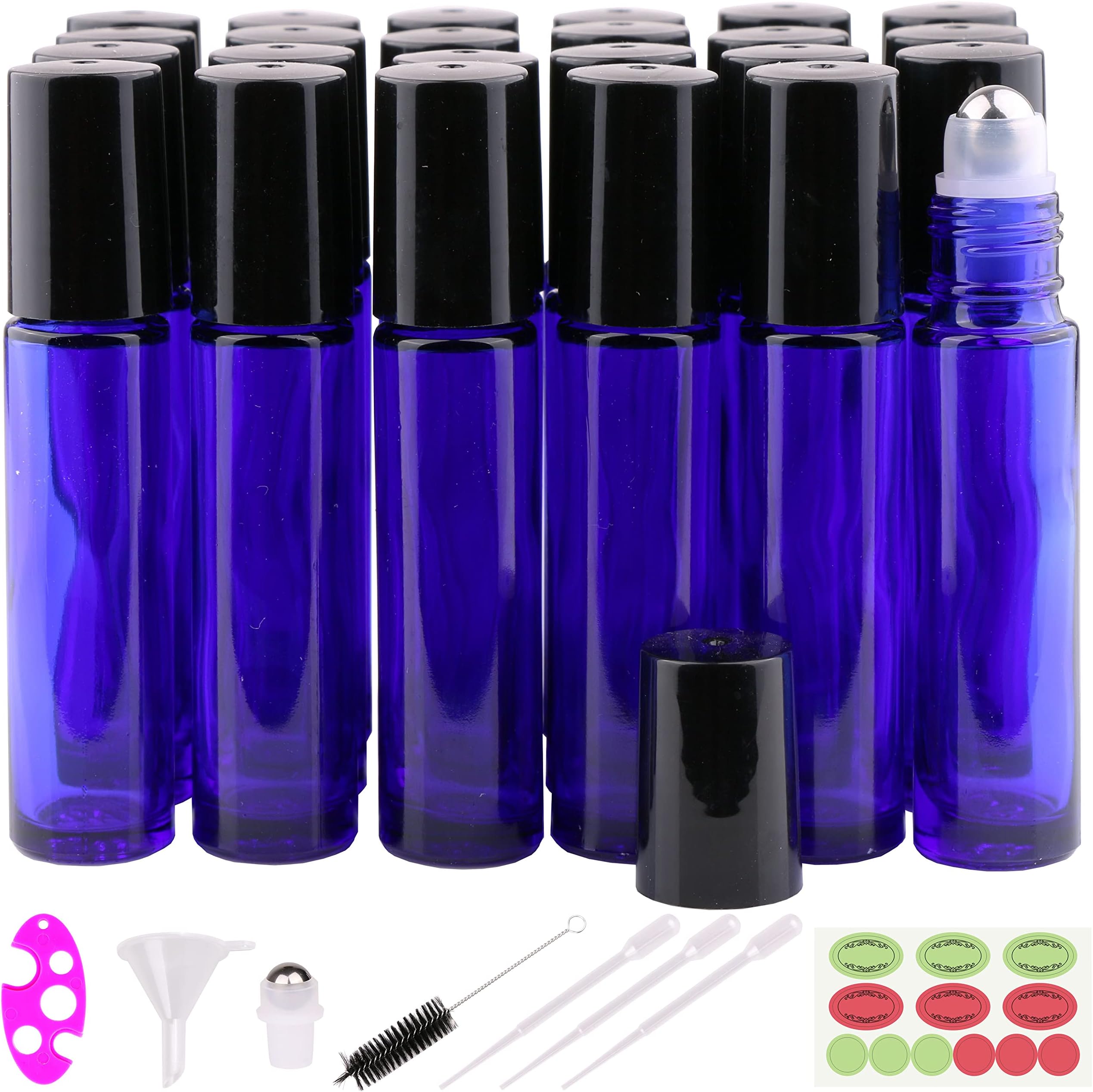 inice 24 Pack,10ml Roller Bottles for Essential Oils Cobalt Blue Glass Stainless Steel Roll On Ball Bottles for Travel