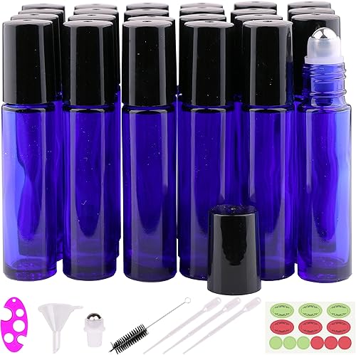 inice Paquete de 24 botellas enrollables de 0.3 fl oz para aceites esenciales, vidrio azul cobalto, botellas de bola enrollables de acero inoxidable