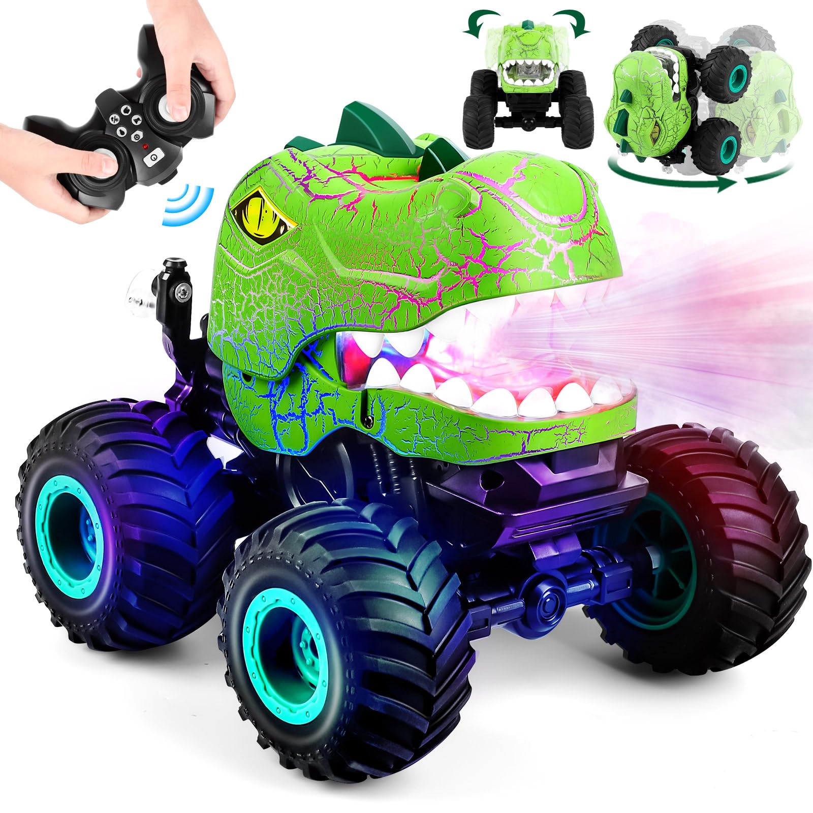 Dinosaur Monster Truck Toys for Kids, Remote Control Car 360° Rotating RC Car with Spray, Light, Music, 2.4Ghz Rechargeable 4WD Off-Road Car Boys Girls Age 3-12 Birthday Gifts