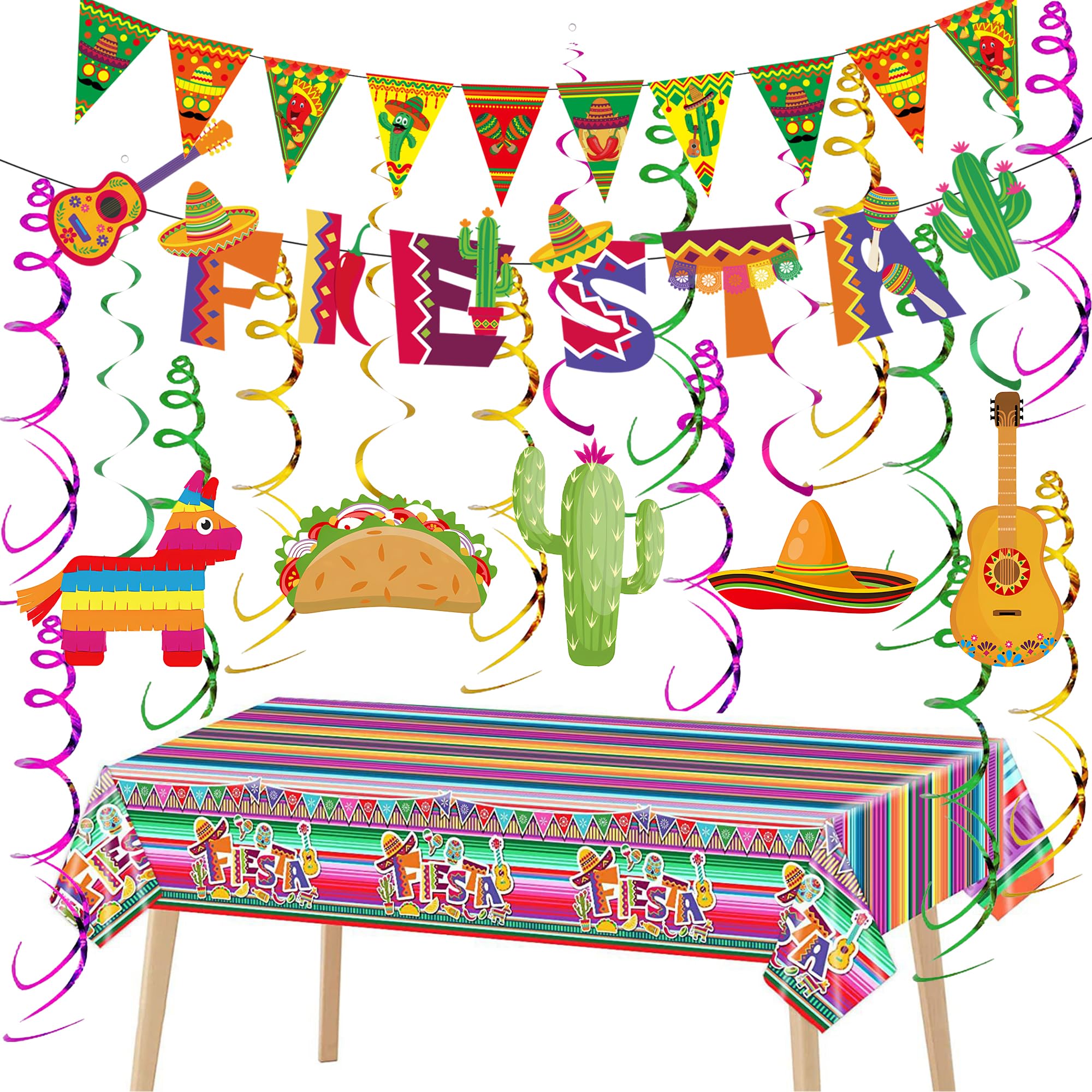 Mexican Party Decorations Fiesta Banner - 20 Pcs FIESTA Banner Triangle Flag Spiral Hanging Swirls Pony Mexican Bread Cactus Hat Guitar Tablecloth for Rainbow Party Decor Women Girls