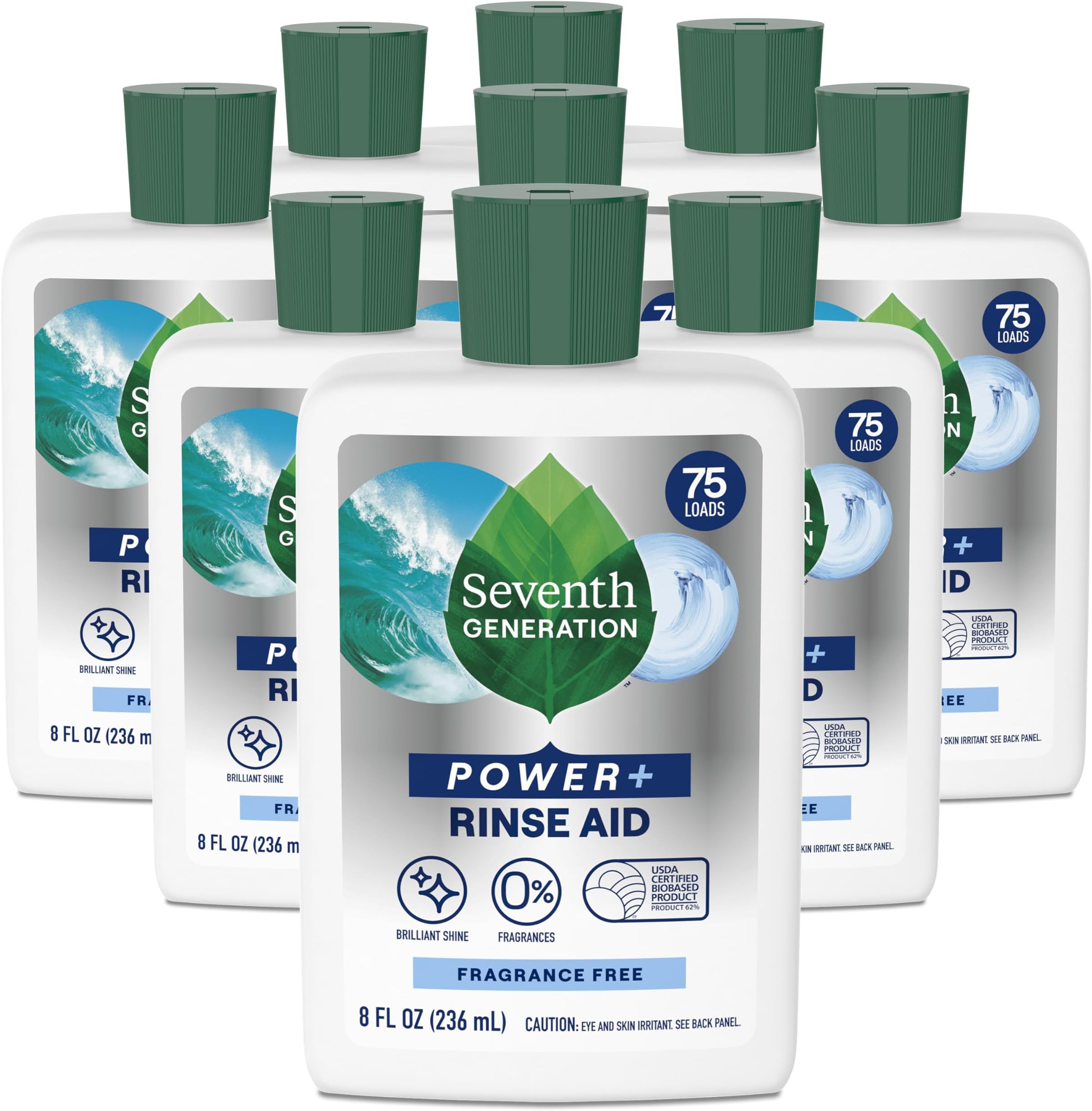 Power+ Dishwasher Rinse Aid, Fragrance Free, 8 fl oz, (Pack of 9)