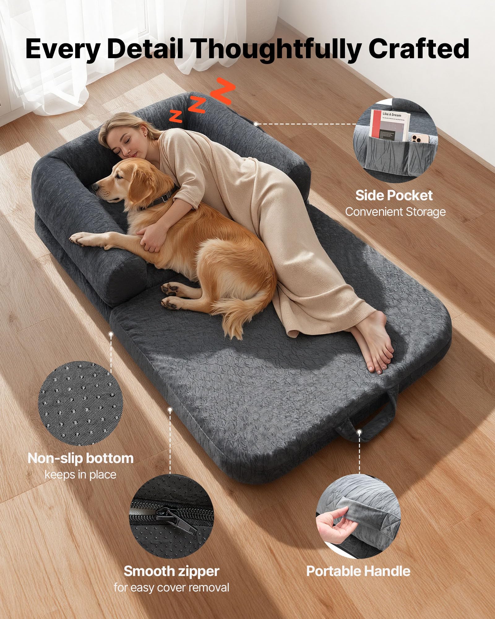 VEVOR Cama para Perros Rectangular, 179 x 95 x 22 cm, Ortopédica, de Espuma Viscoelástica, Tamaño Humano, con Bolsillo Lateral, Asa y Cremallera, Funda Extraíble y Lavable a Máquina, Gris Oscuro