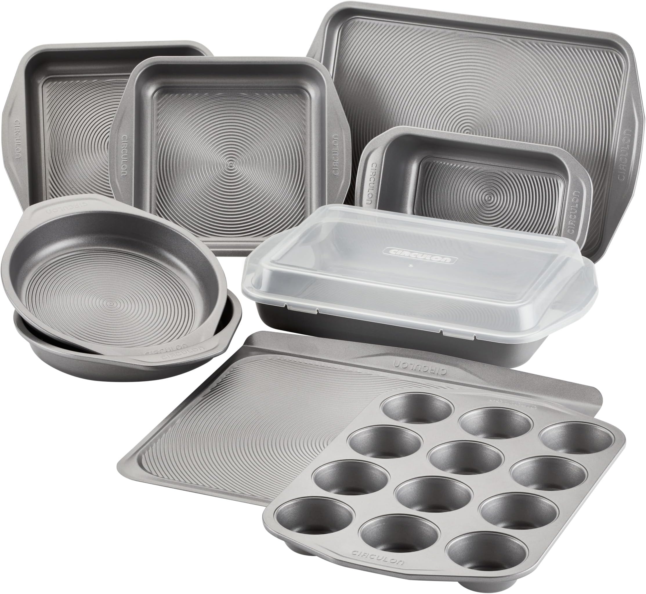 Total Nonstick Bakeware Set with Nonstick Bread Pan, Cookie Sheet, Baking Pan, Baking Sheet, Cake Pan and Muffin/Cupcake Pan - 10 Piece, Gray