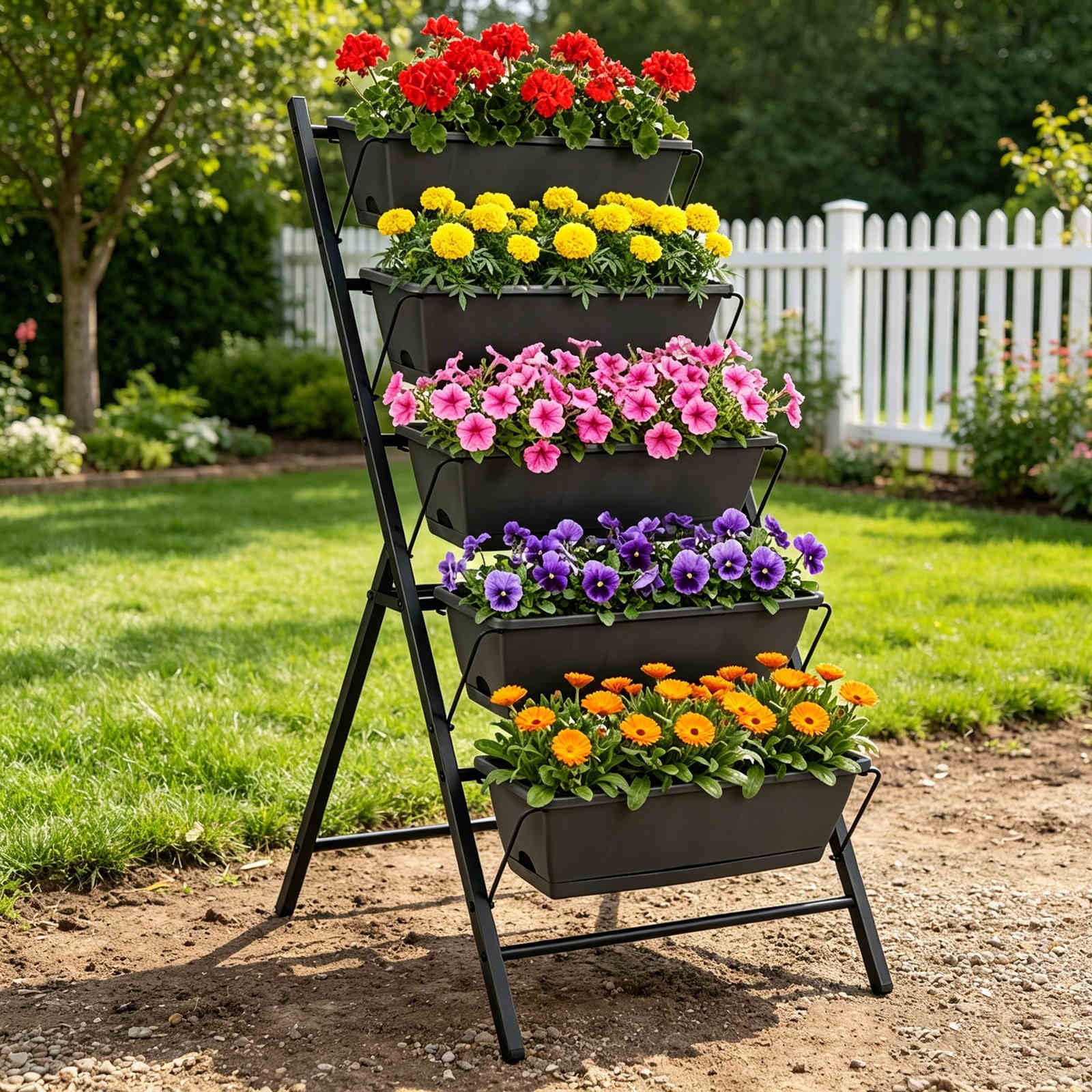 HOMASIS Fioriera Verticale da Giardino, con 5 Vasi con Fori di Drenaggio, Orto Rialzato a Scaletta in Metallo, per Piante, Fiori, Salvaspazio, per Interno e Esterno, 71 x 57 x 115 cm (Nero)