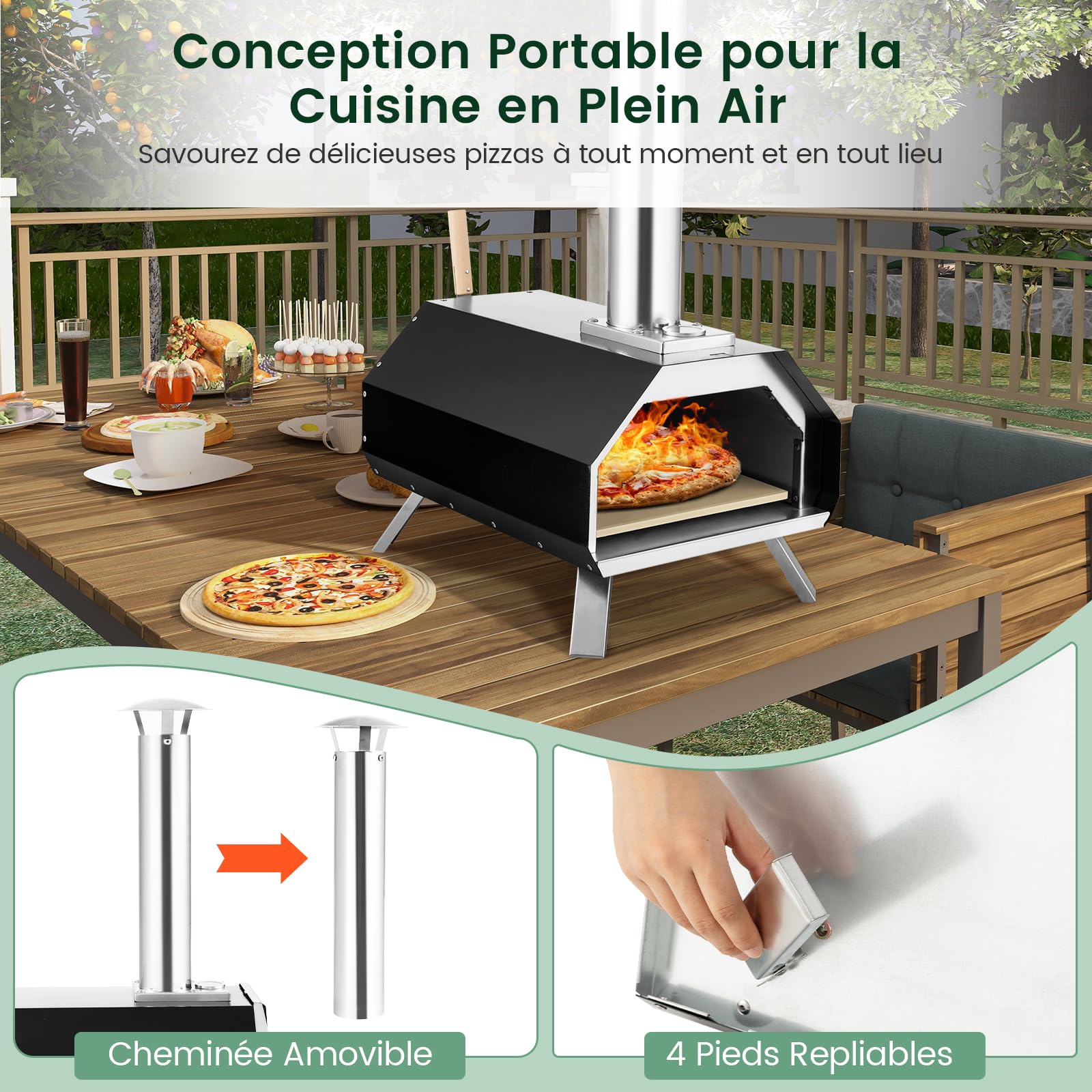 COSTWAY Four à Bois pour Pizza 30,5cm, Four à Pizza Extérieur Portable en Acier Inoxydable avec Pelle Pare-feu Pieds Pliables