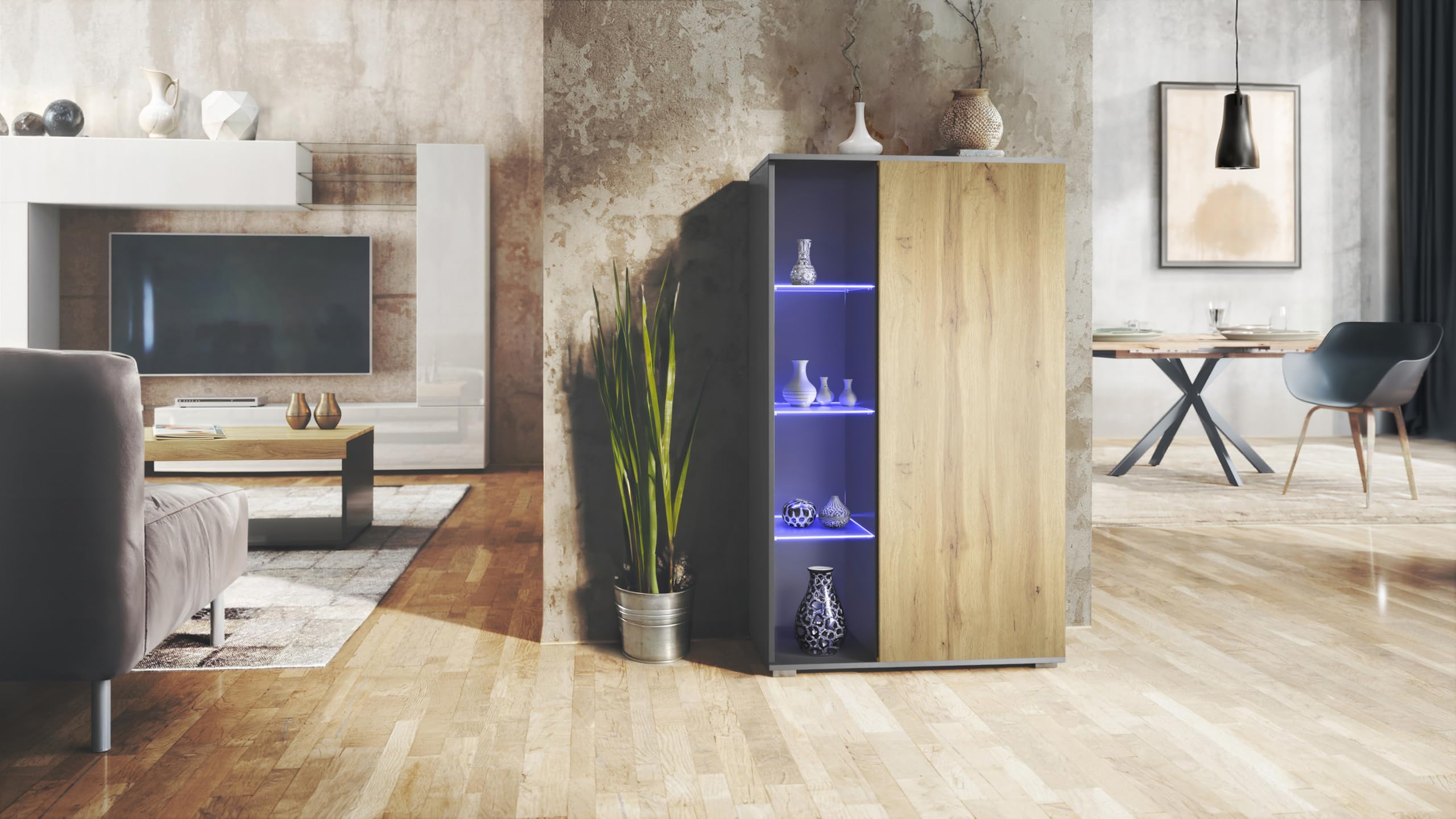 Vladon Vitrine Davos, Made in Germany, Standvitrine mit 3 Glasböden und 8 Fächer inkl. LED, Anthrazit matt/Eiche Wotan (71,5 x 134 x 35 cm)
