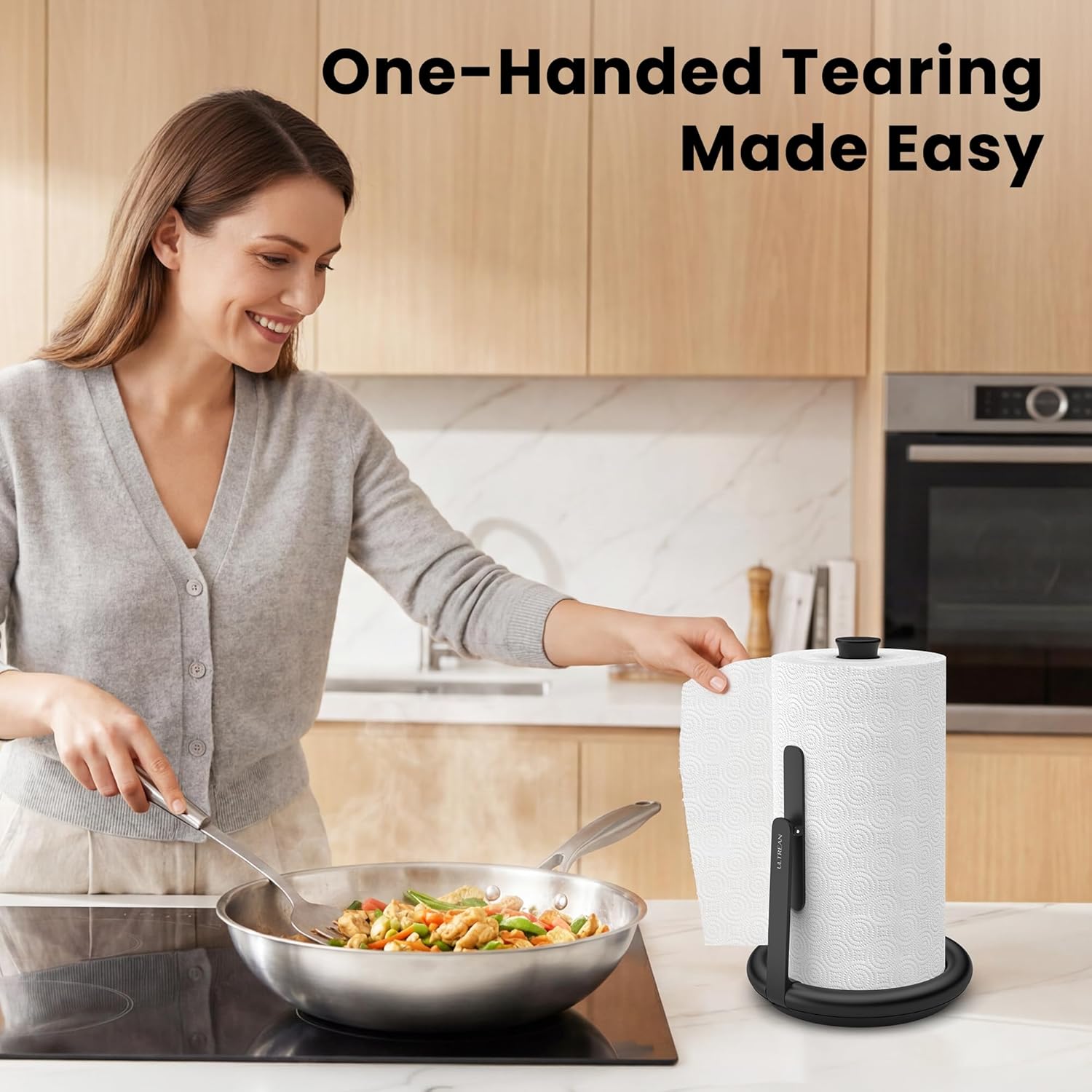 Ultrean Paper Towel Holder Countertop, Freestanding Paper Towel Dispenser with Spring-Loaded Arm for One-Handed Tear, Weighted Non-Slip Base, Stainless Steel for Kitchen, Black