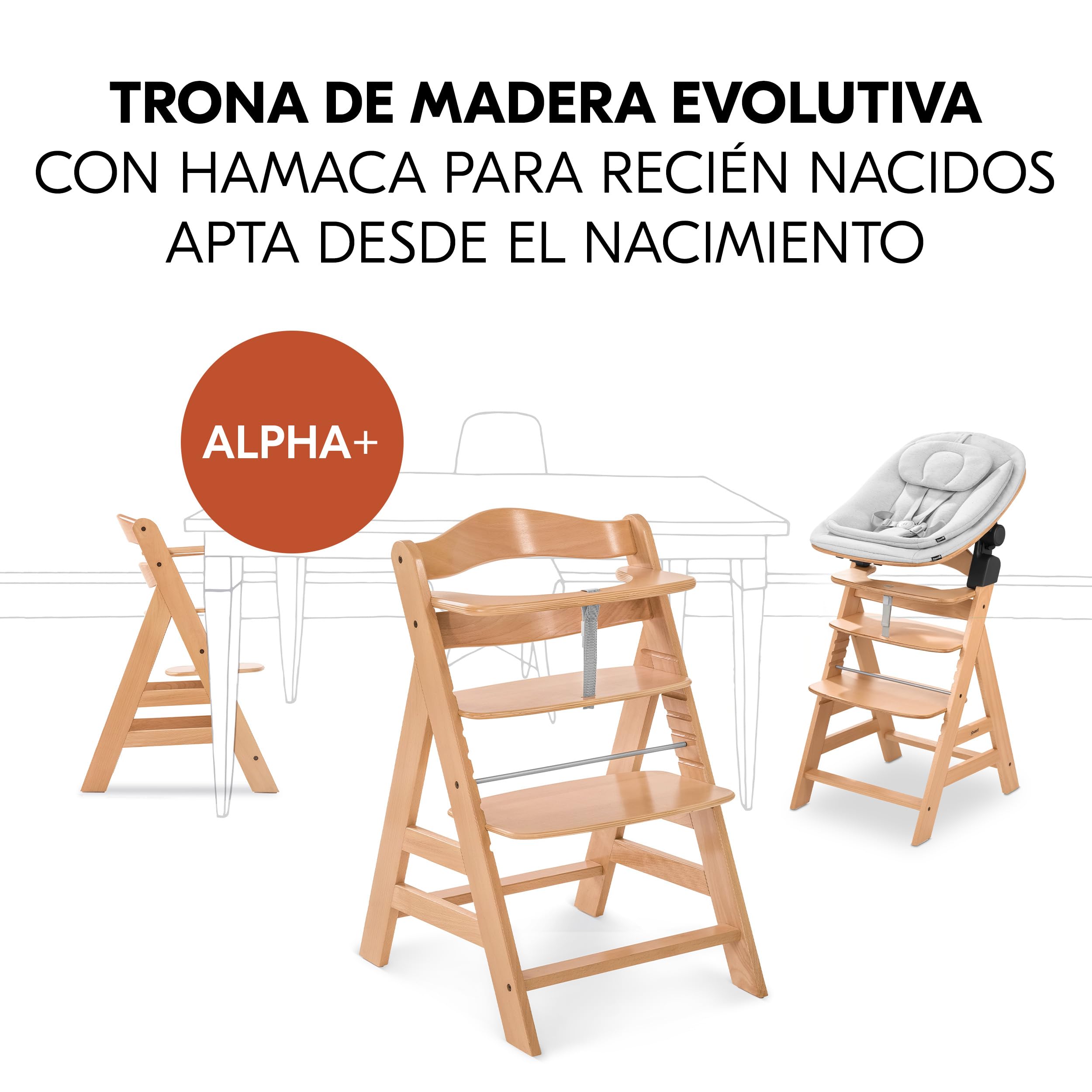 hauck Alpha Plus Newborn Set Eco Bouncer Trona Madera Evolutiva desde el Nacimiento – Sillas Tronas para Niños con Hamaca Recién Nacidos y Cojín de 2 Piezas – Natural | Trona de madera para niños desde el nacimiento hasta 90 kg, incluye accesorio para rec