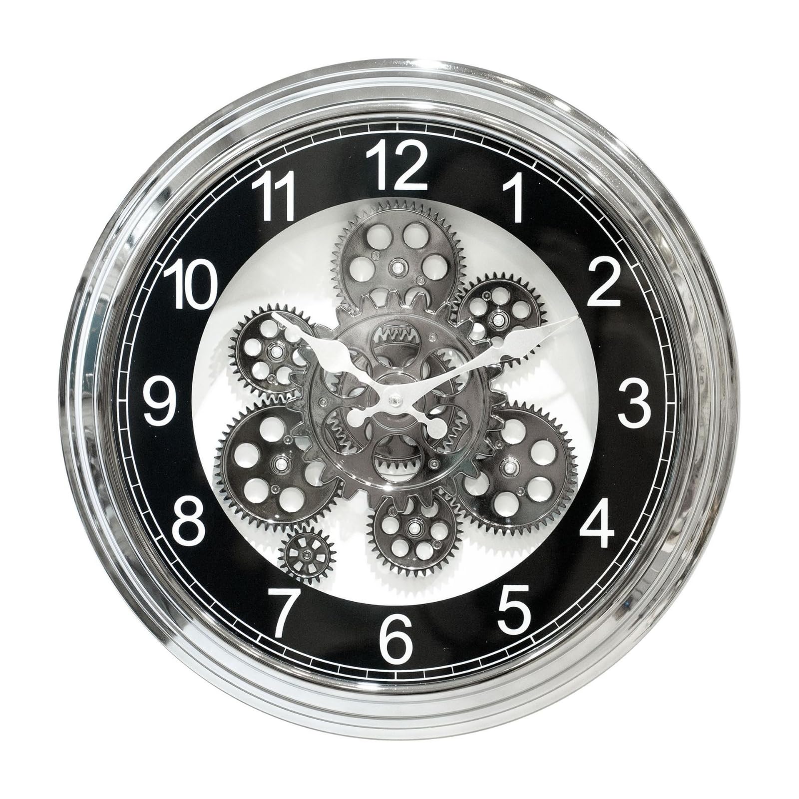 Reloj de Pared Analógico Redondo con, Reloj De Pared con Engranajes Visibles, Números Arábigos, Esfera Negra Y Marco Plateado