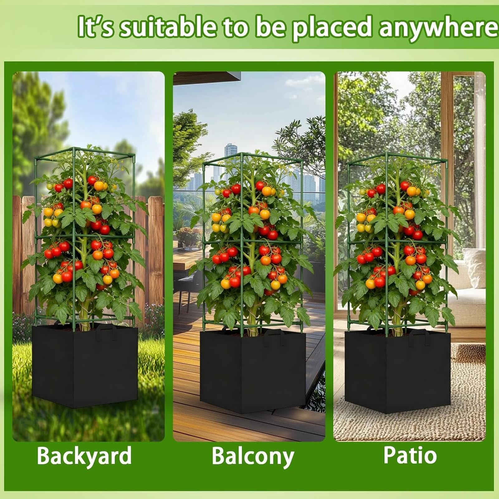 Tomaten-Stützkäfig Hochbelastbarer Edelstahl 3-teilig | Tomatenkäfig Mit 68-Liter-Pflanzsack Für Gurken, Paprika, Auberginen Und Auf Terrasse, Garten, Hochbeet