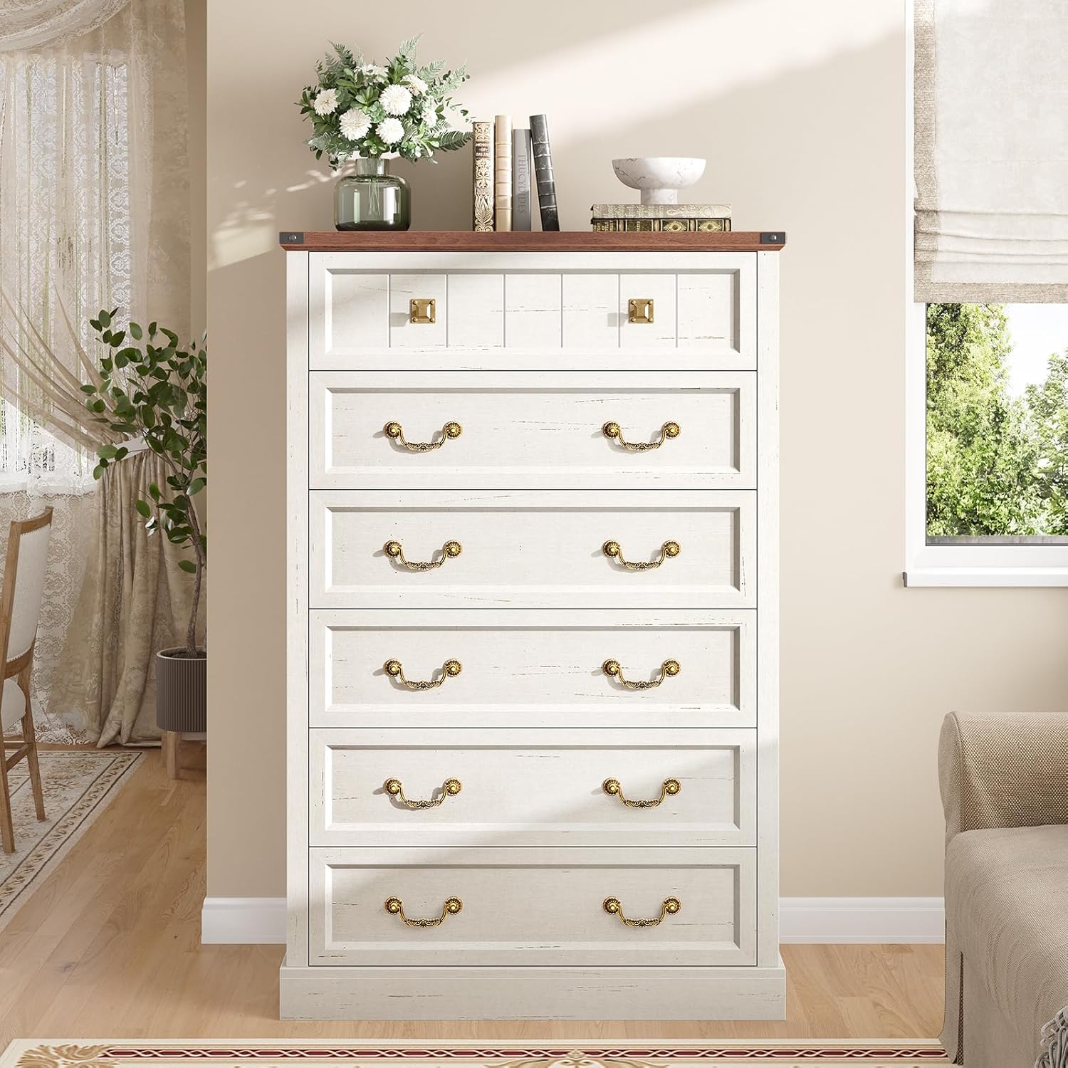 AOGLLATI Farmhouse Dresser with 6 Drawers, 51.2”Tall Wooden Rustic Chest of Drawers with Natural Texture, Vintage Design, Bedroom Dressers with Drawers for Bedroom, Antique White - Image 7