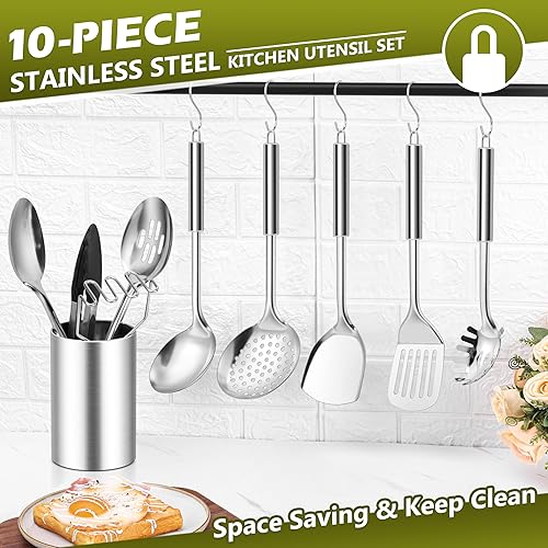 Miniatura 6 de E-far Juego de utensilios de cocina, 10 piezas de utensilios de cocina de acero inoxidable con soporte, juego de espátulas de cocina resistentes al