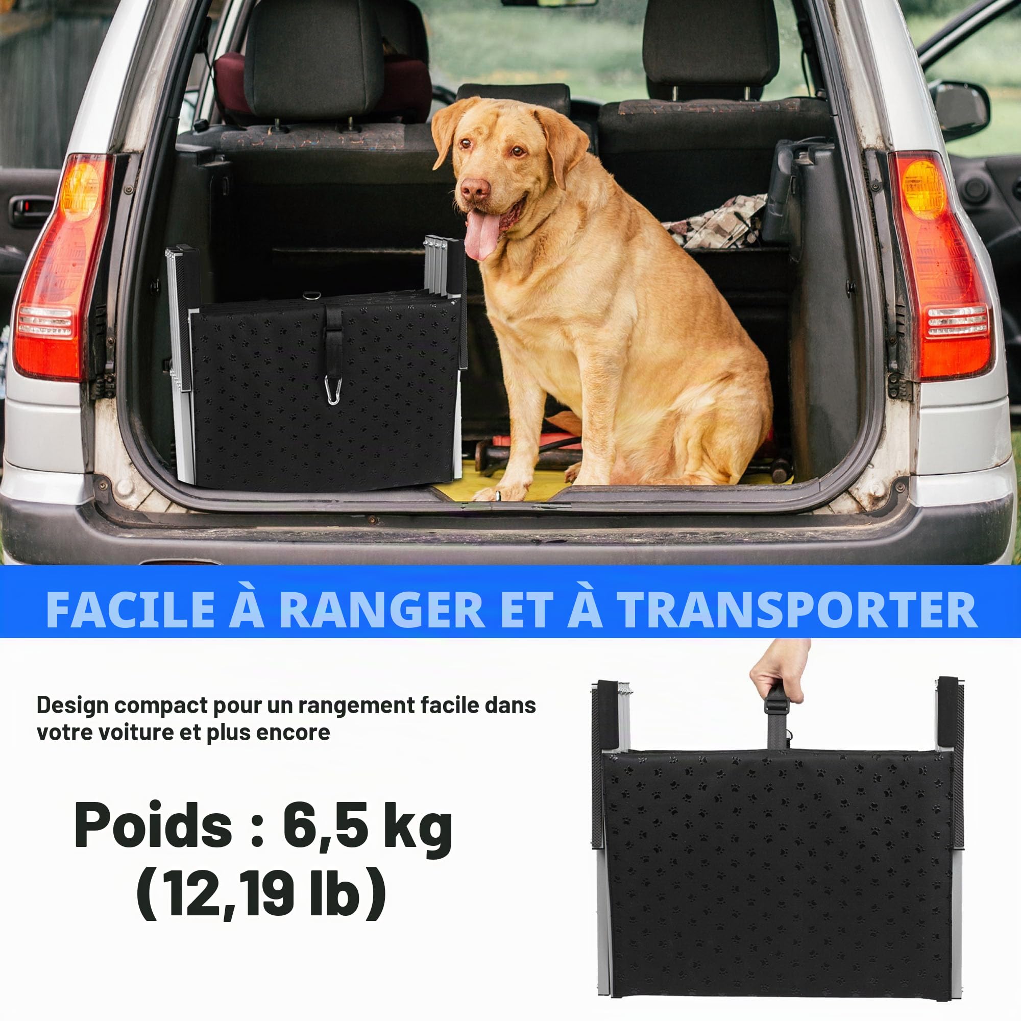 Escalier pour Chien 5 marches, Rampe Voiture pour Chiens Pliable, Charge 113 kg, Surface antidérapante, Aluminium léger, Larges marchepied Portable pour Compagnie, Voiture, SUV, Camion argenté