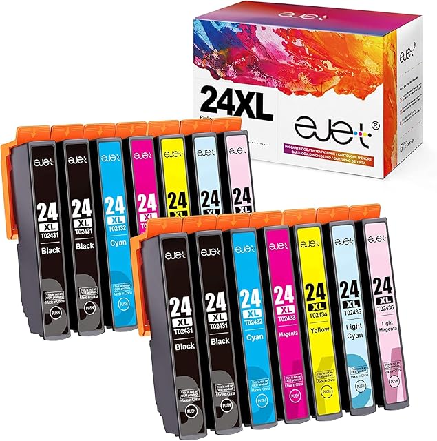 ejet Compatible Ink Cartridge Replacement for Epson 24 24XL for Expression Home XP-750 XP-760 XP-850 XP-860 XP-950 XP-960 XP-55 Printer(Black Cyan Magenta Yellow Light Cyan Light Magenta, 14-Pack)