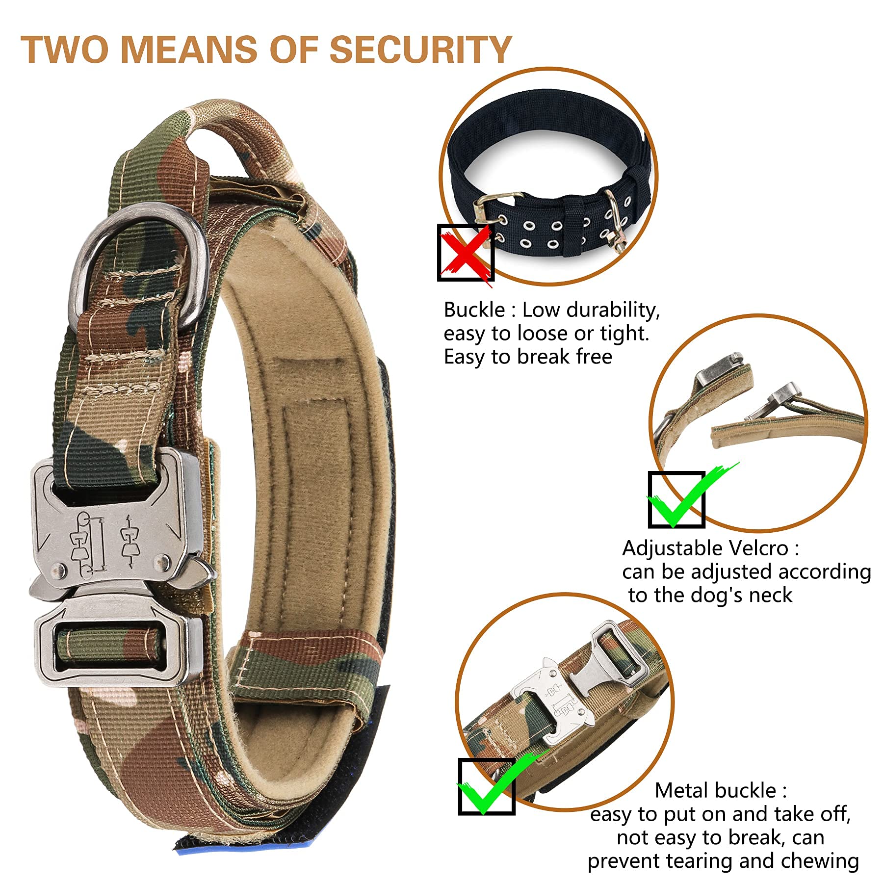 Tactical Dog Collar - KCUCOP Military Dog Collar with 2 Patches 1.5" Width Thick with Handle K9 Collar Dog Collars Adjustable Heavy Duty Metal Buckle for M,L,XL Dogs(L, Upgrade Camo with 2 Patches) - Image 3